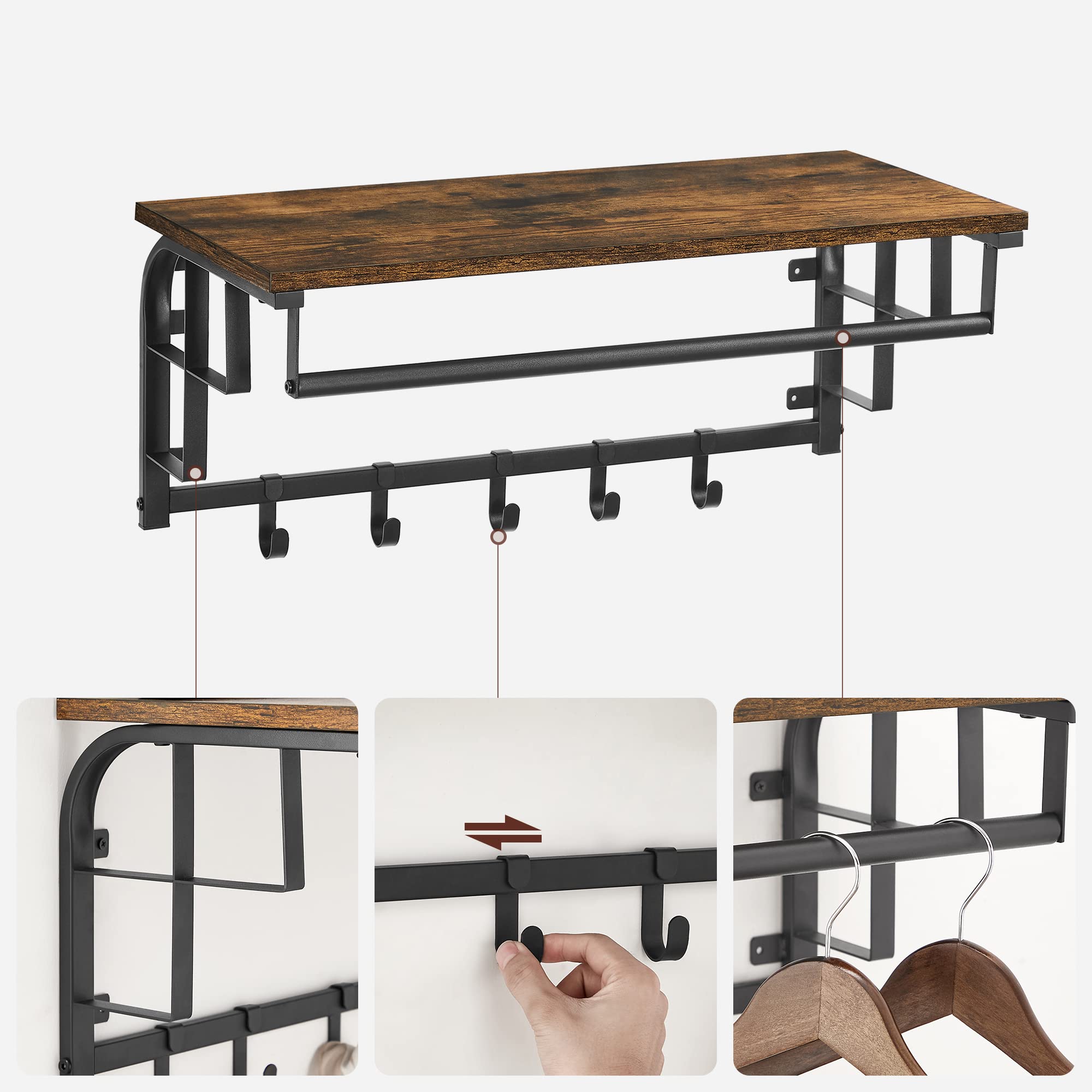 VASAGLE Wall Coat Rack with Shelf, Rod, and 5 Hooks | Rustic Brown + Black | 15kg Shelf Capacity 6