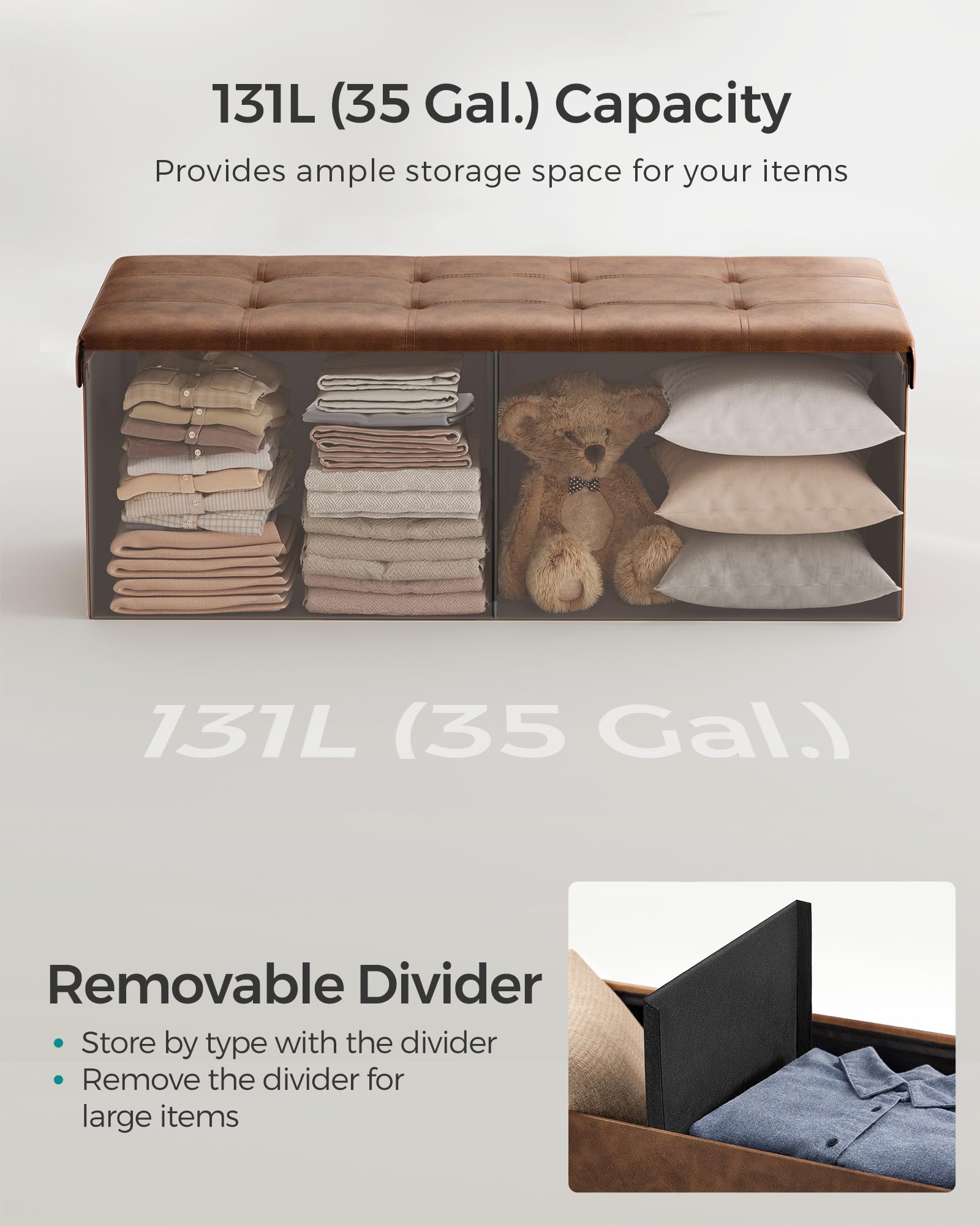 SONGMICS MAZIE Storage Ottoman Bench - 110 cm Folding Foot Rest | Coffee Brown | 300 kg Capacity 6
