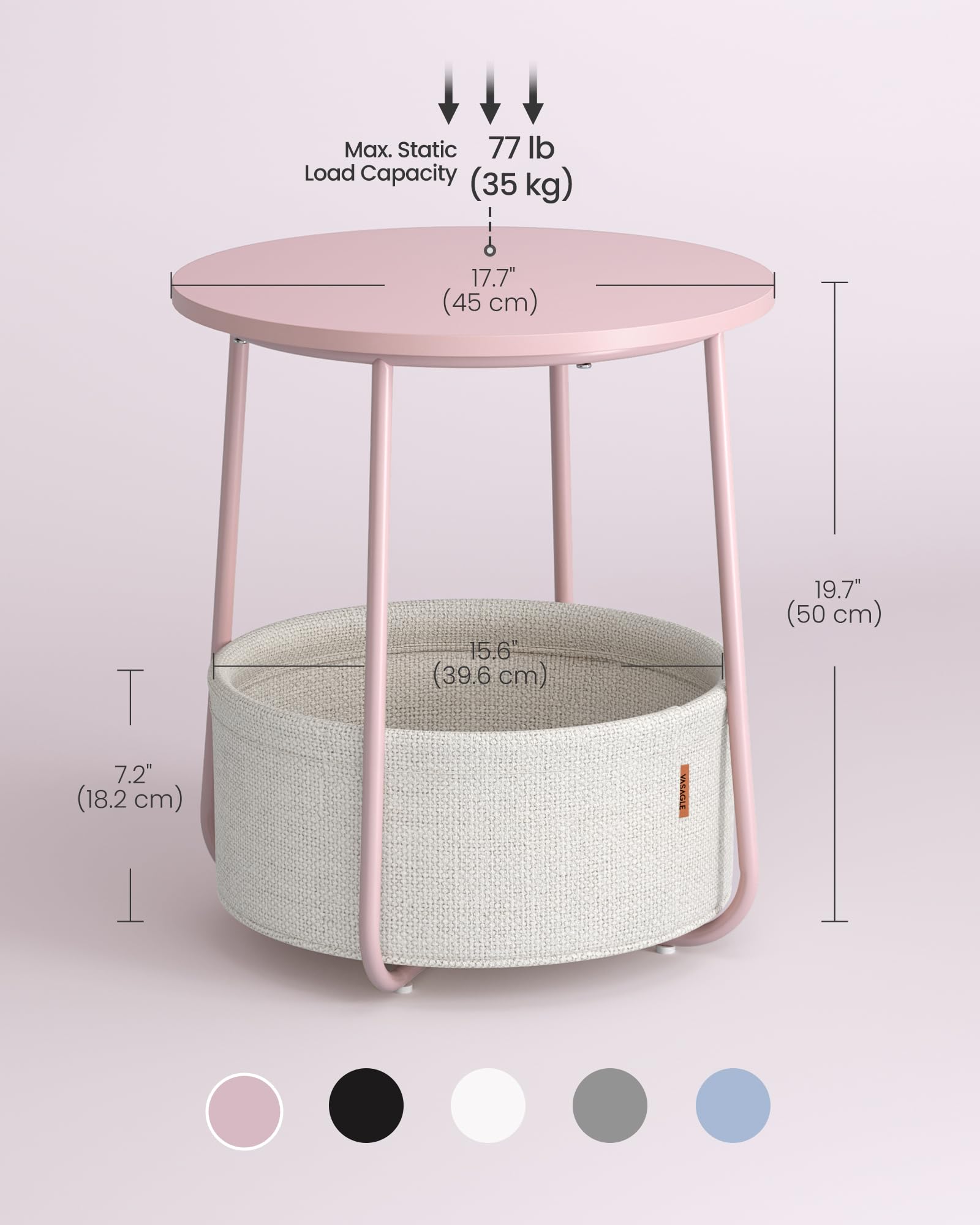 VASAGLE Round End Table with Fabric Basket - Pastel Pink & Cloud White | 45 x 50 cm 3