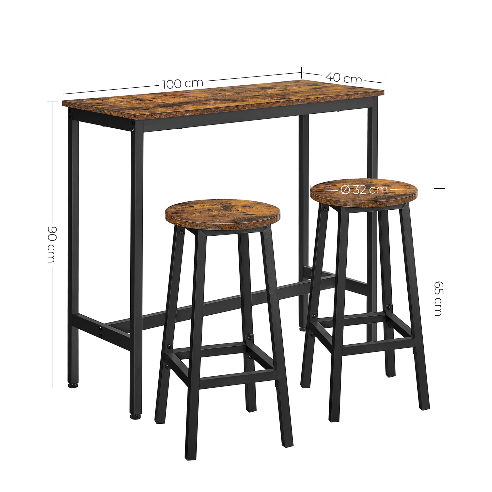 VASAGLE Bar Set with 1 Table and 2 Stools | Rustic Brown & Black | Engineered Wood 6