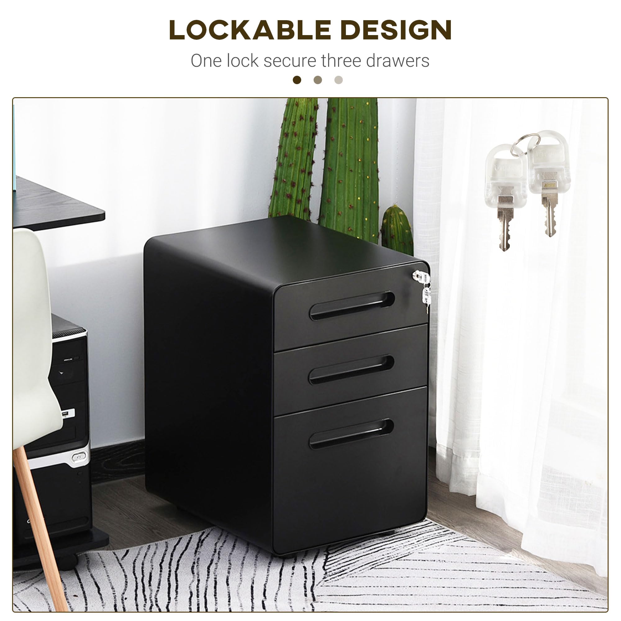 Vinsetto Lockable Mobile File Cabinet with 3 Drawers | Steel Body | Black | 39W x 48D x 59H cm 4