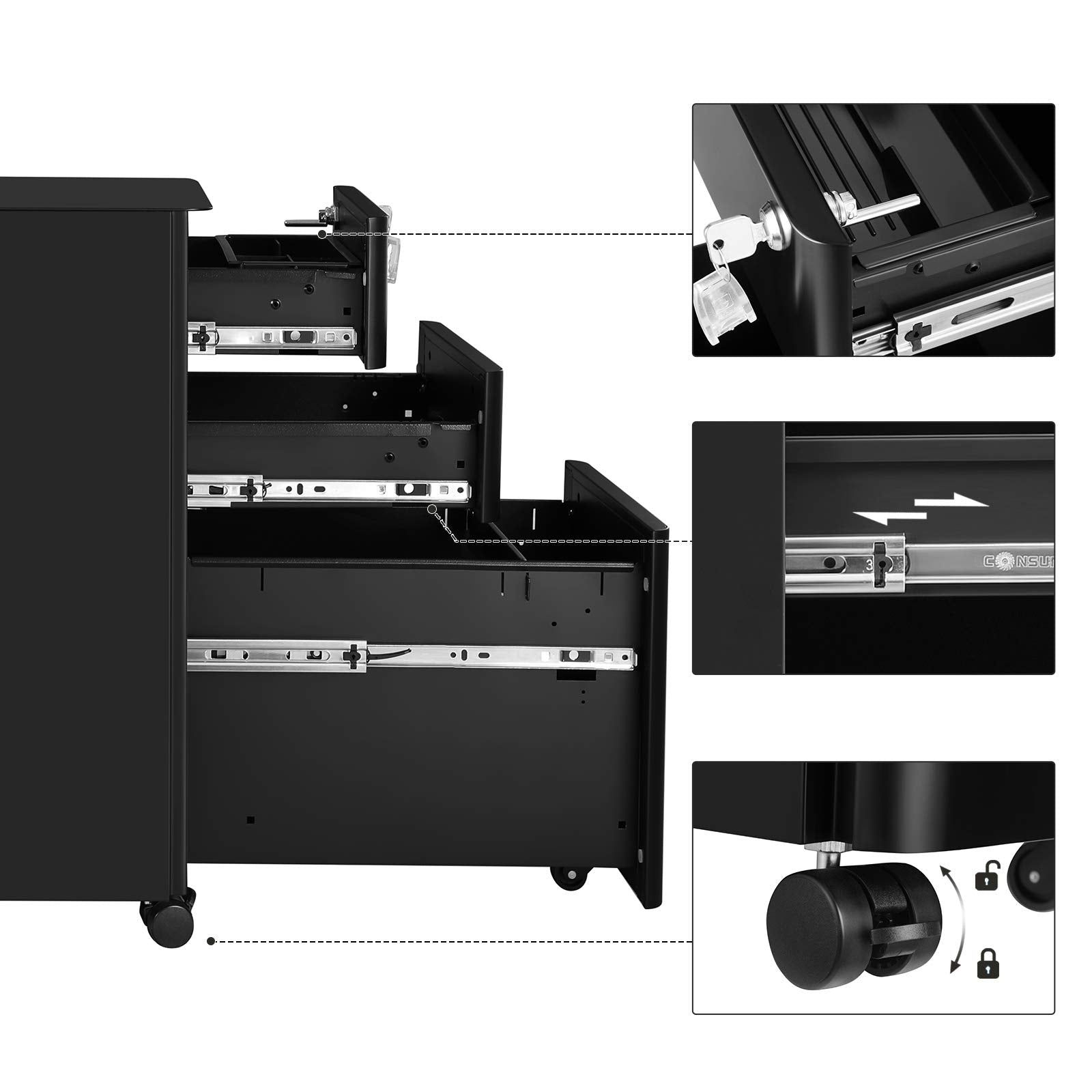 SONGMICS Mobile File Cabinet - 3 Drawers, Lockable, Wheeled | Steel Construction | Black 6