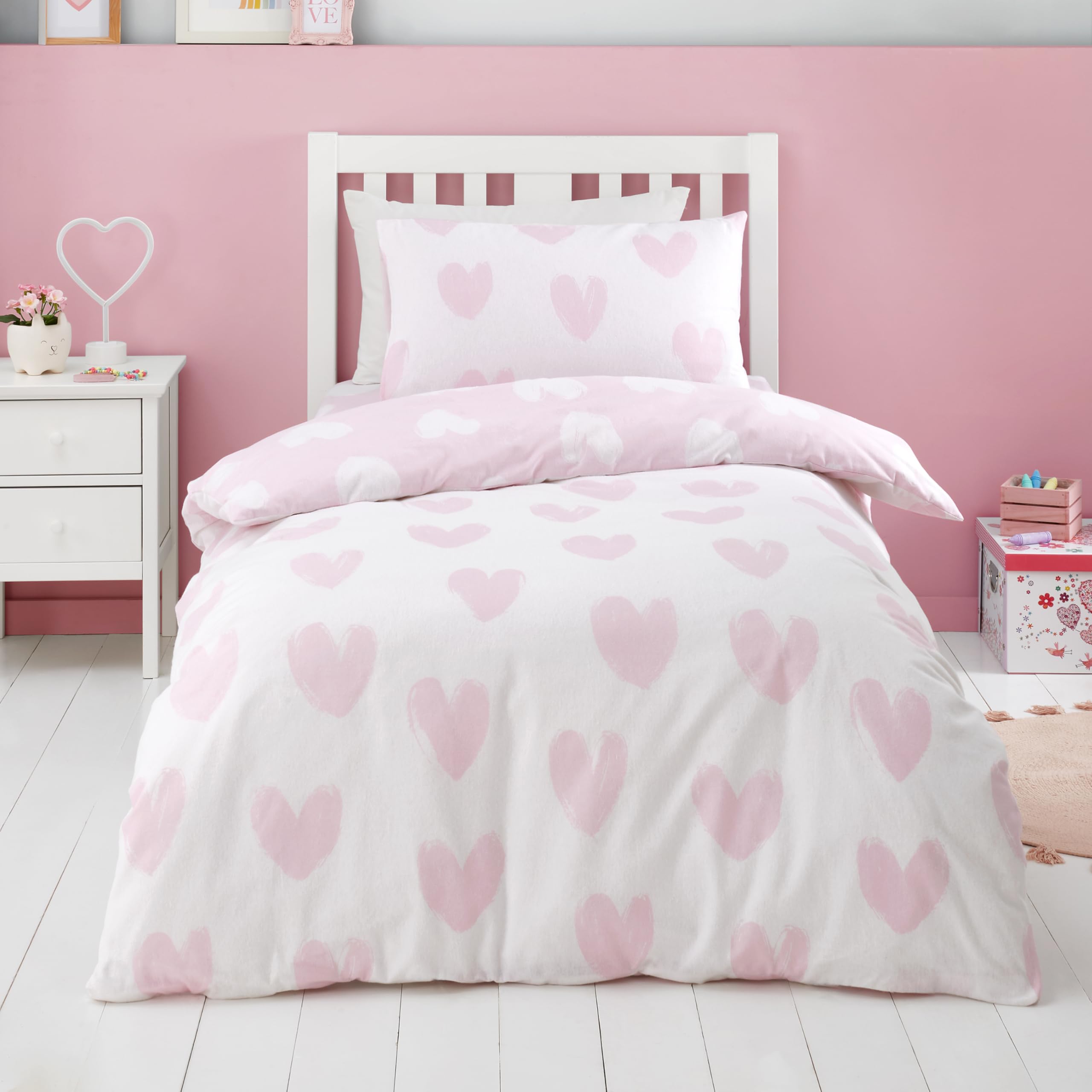 Catherine Lansfield Brushed Cotton Hearts Reversible Junior Duvet Cover Set | Pink | 100% Cotton