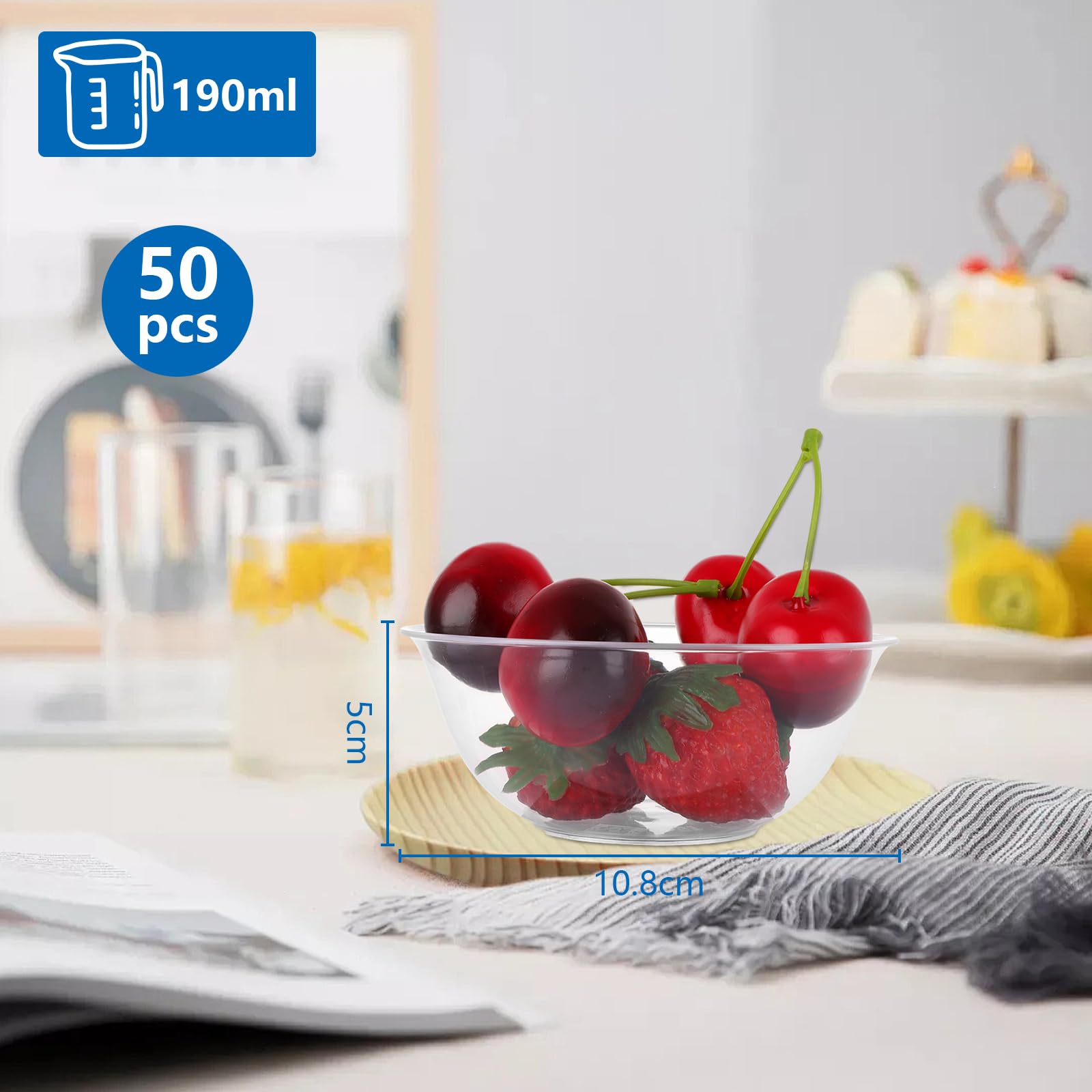 ASelected 50 Pcs Dessert Bowls - 190Ml Clear Hard Plastic | Stackable & Reusable