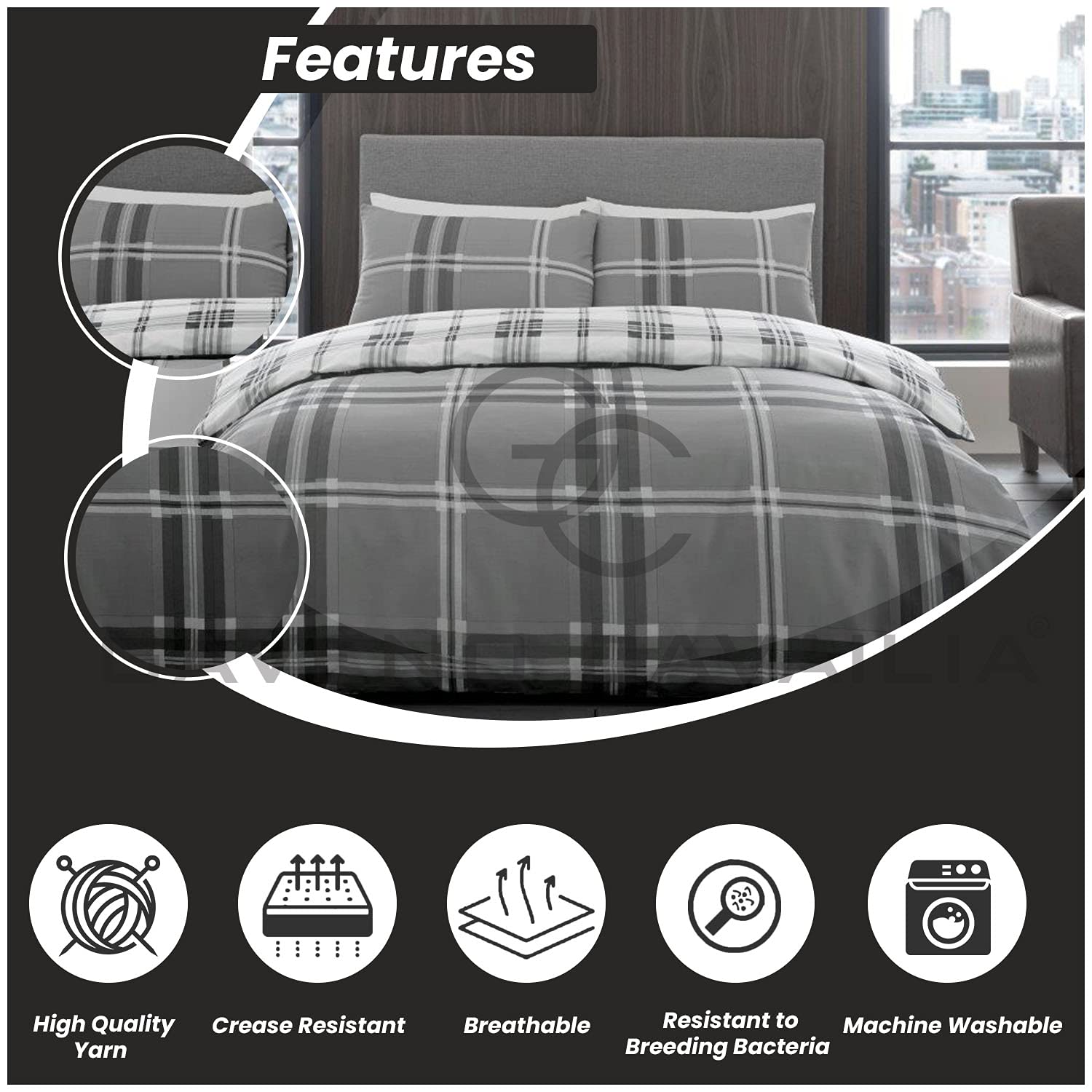 GC GAVENO CAVAILIA Bardsley Check Duvet Cover Set | Reversible Polycotton | Double Size 3