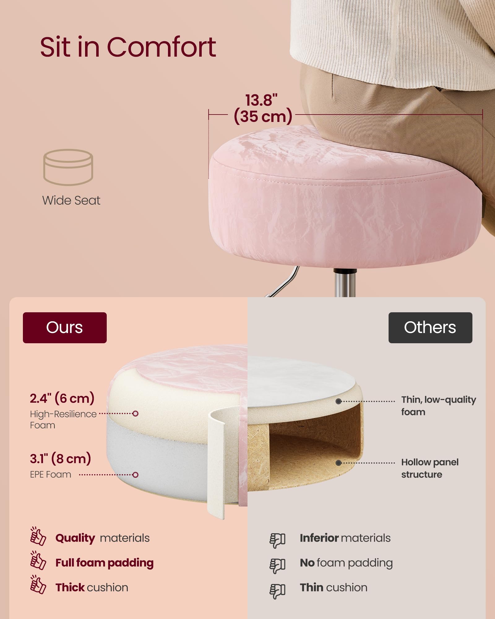VASAGLE Height Adjustable Makeup Vanity Stool | Jelly Pink PU Leather | 45.5-57.5 cm Height Range 5
