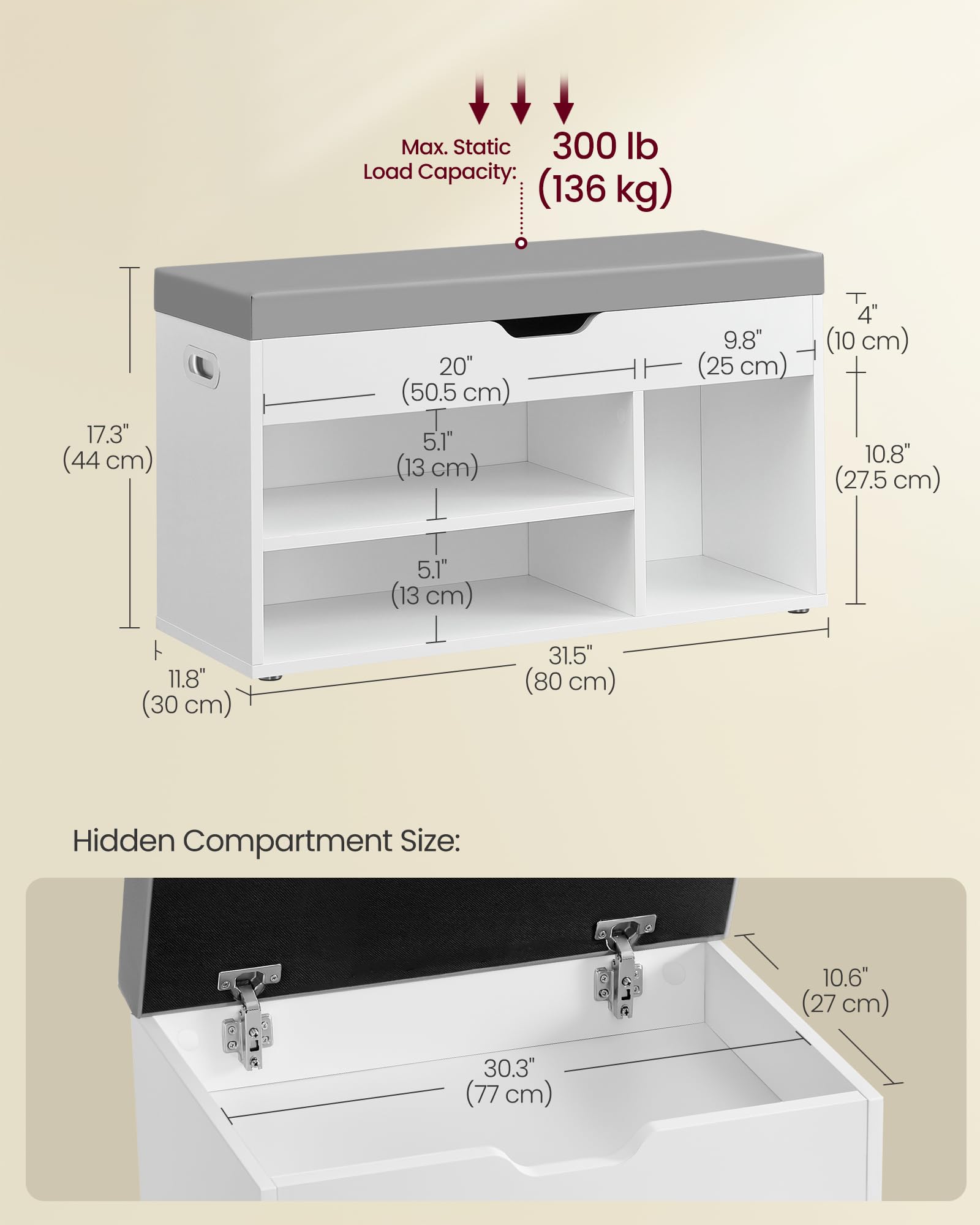 VASAGLE Storage Bench with Padded Seat - 3 Compartments, 150 kg Capacity | Cloud White 3