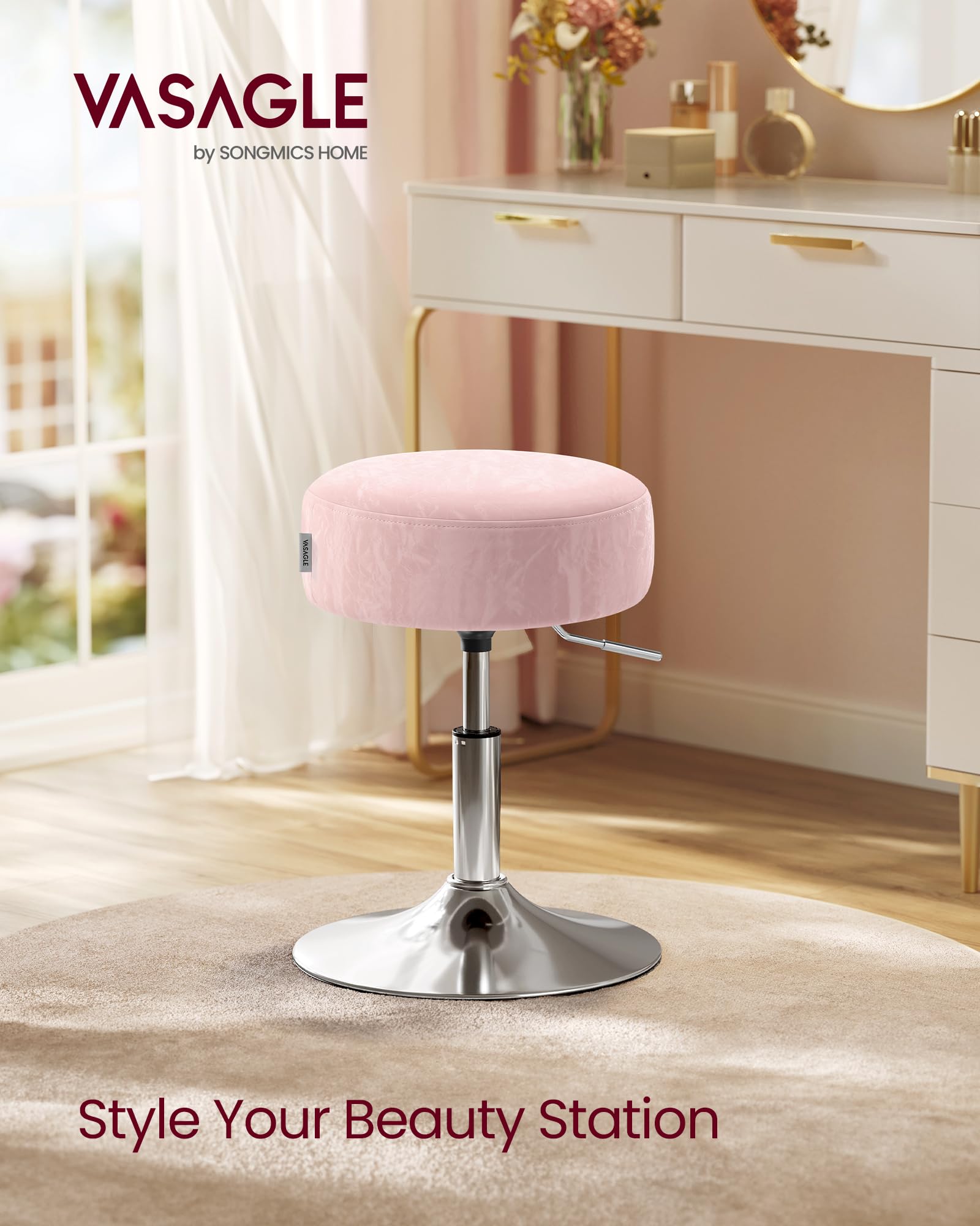 VASAGLE Height Adjustable Makeup Vanity Stool | Jelly Pink PU Leather | 45.5-57.5 cm Height Range 4