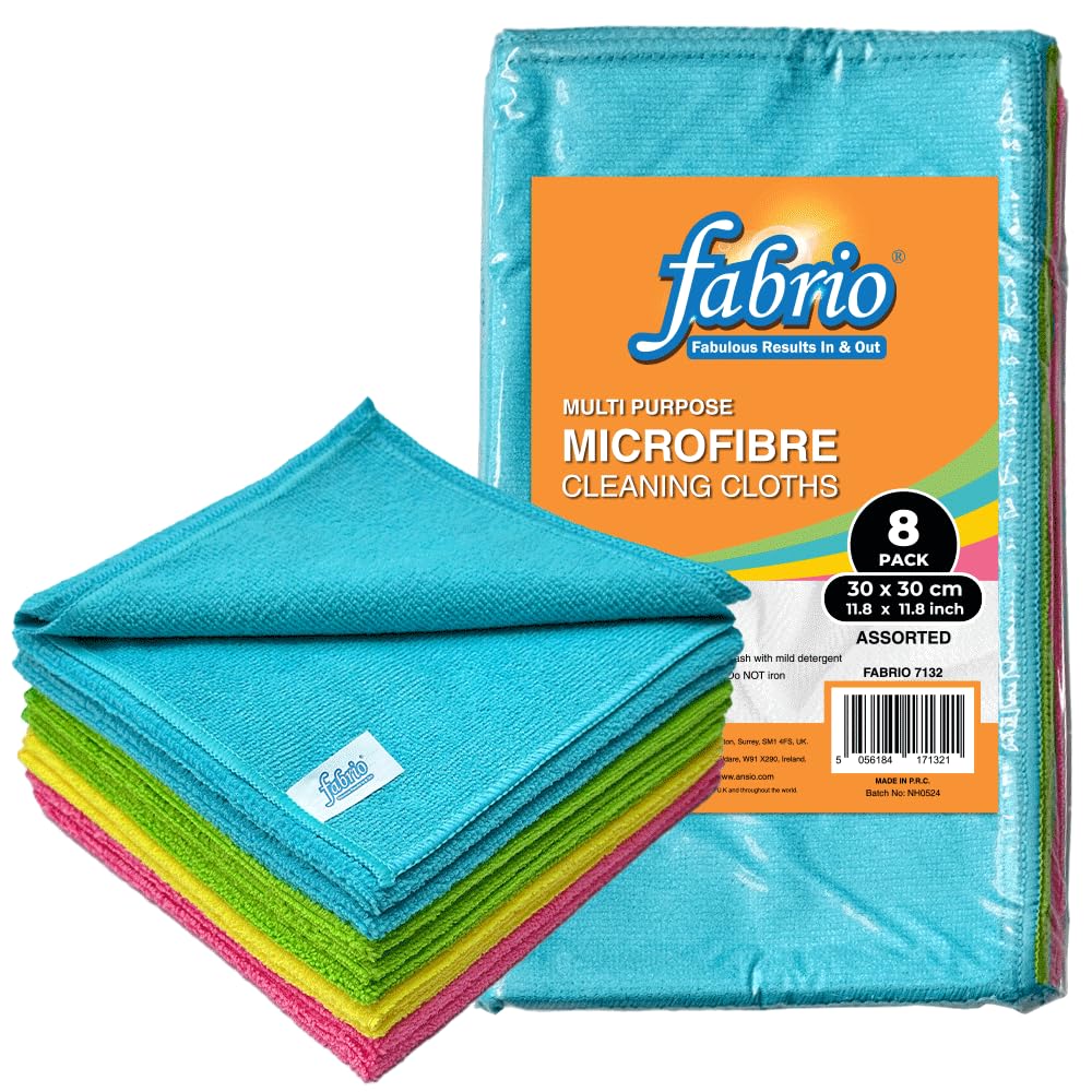 FABRIO Microfibre Cleaning Cloths - Pack of 8, 30x30cm, Ultra-Soft, Lint-Free for Kitchen, Car & Glass 1