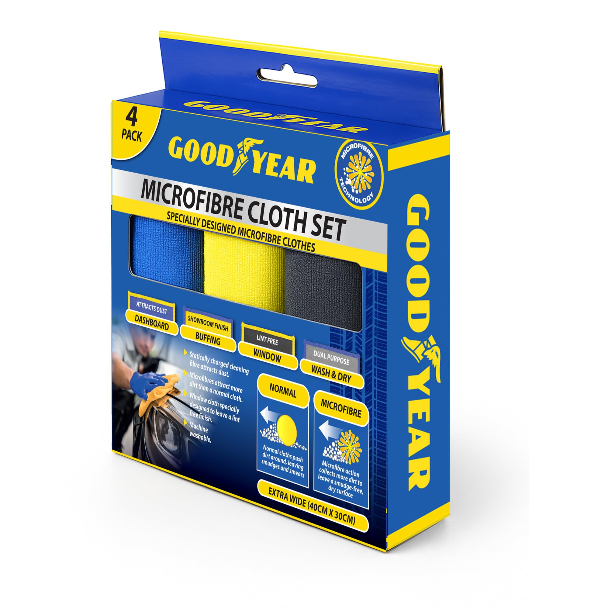 Goodyear 4PC Microfiber Cloth Set - Vehicle Cleaning | 40cm x 30cm | Machine Washable 1