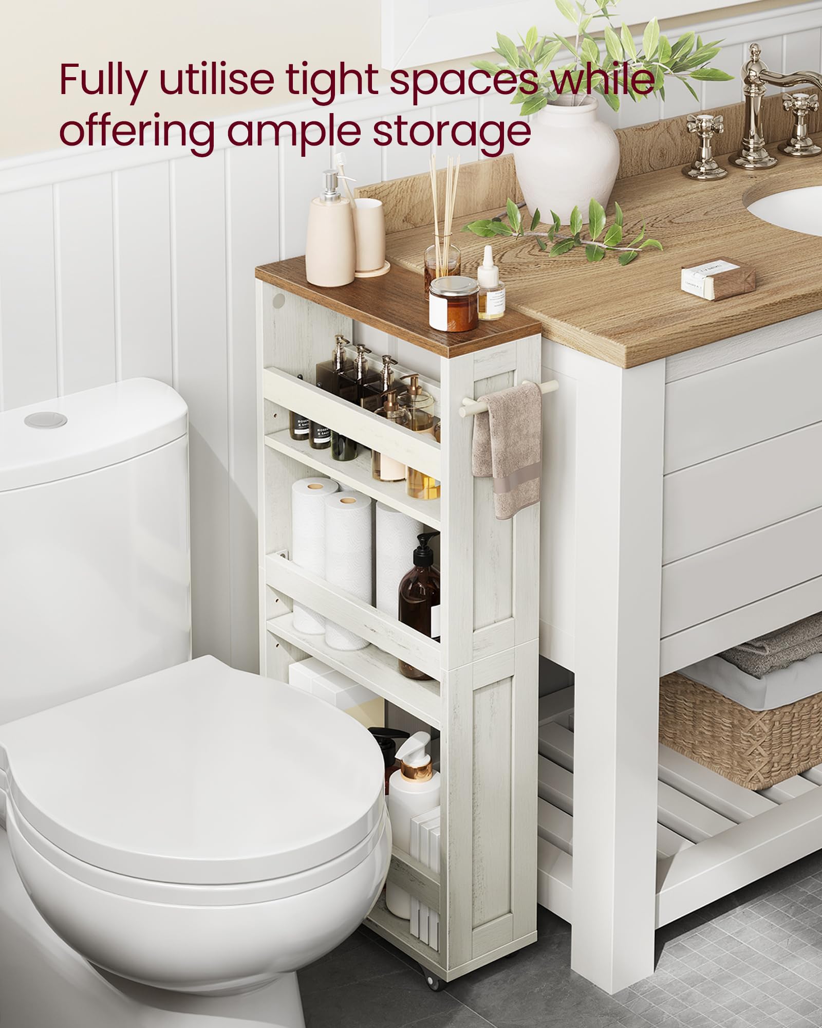 VASAGLE 4-Tier Slim Storage Trolley with Wheels | Rustic White + Honey Brown | 15 cm Wide 6