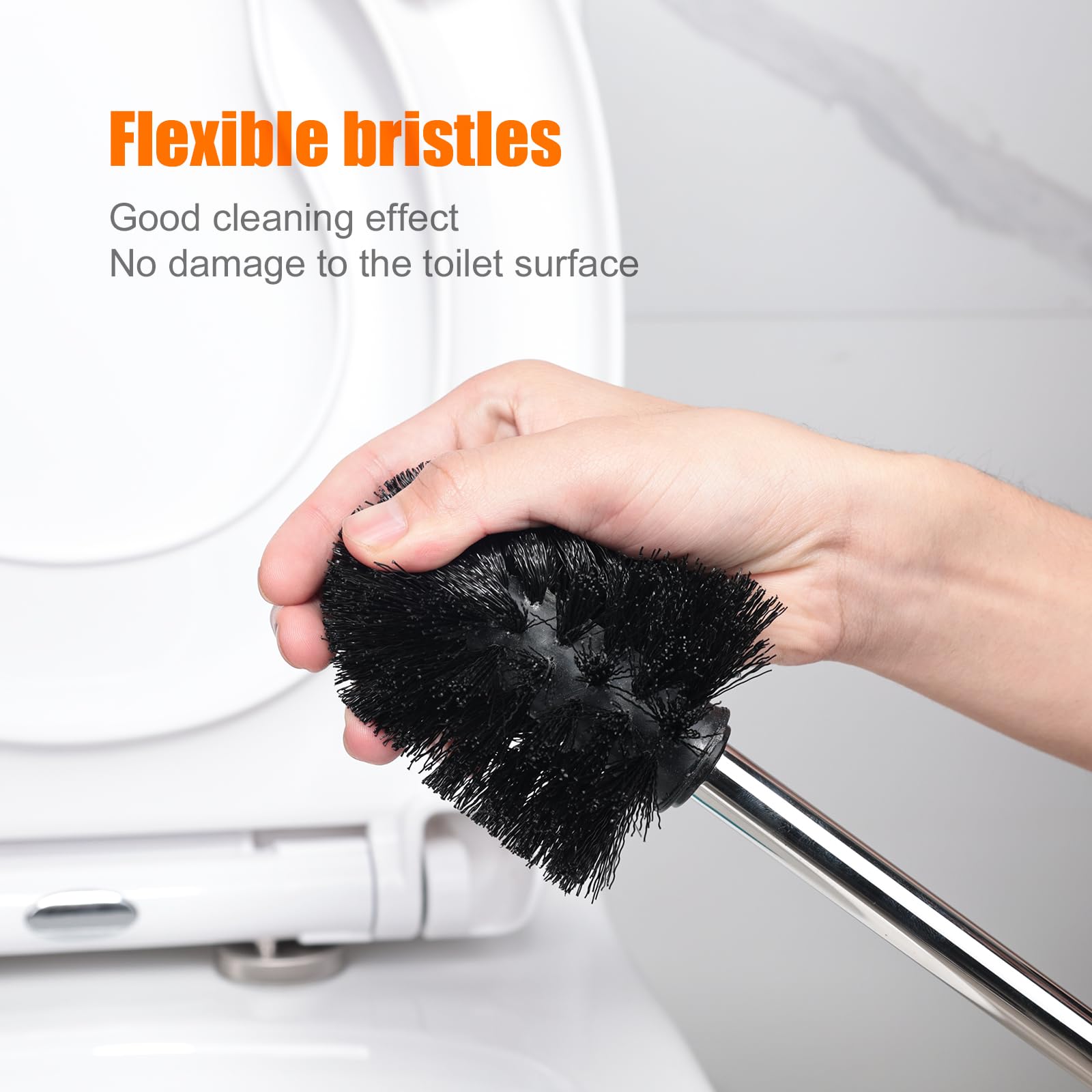 Ibergrif Toilet Brush Replacement Set - 4 Pack Stainless Steel Handles | Black | Long Handle 7