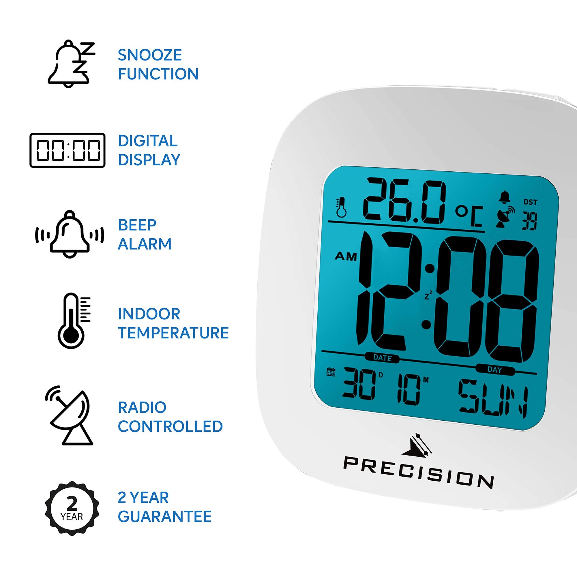Precision AP058 Digital Alarm Clock - White Plastic | LCD Backlight | Snooze Function 5