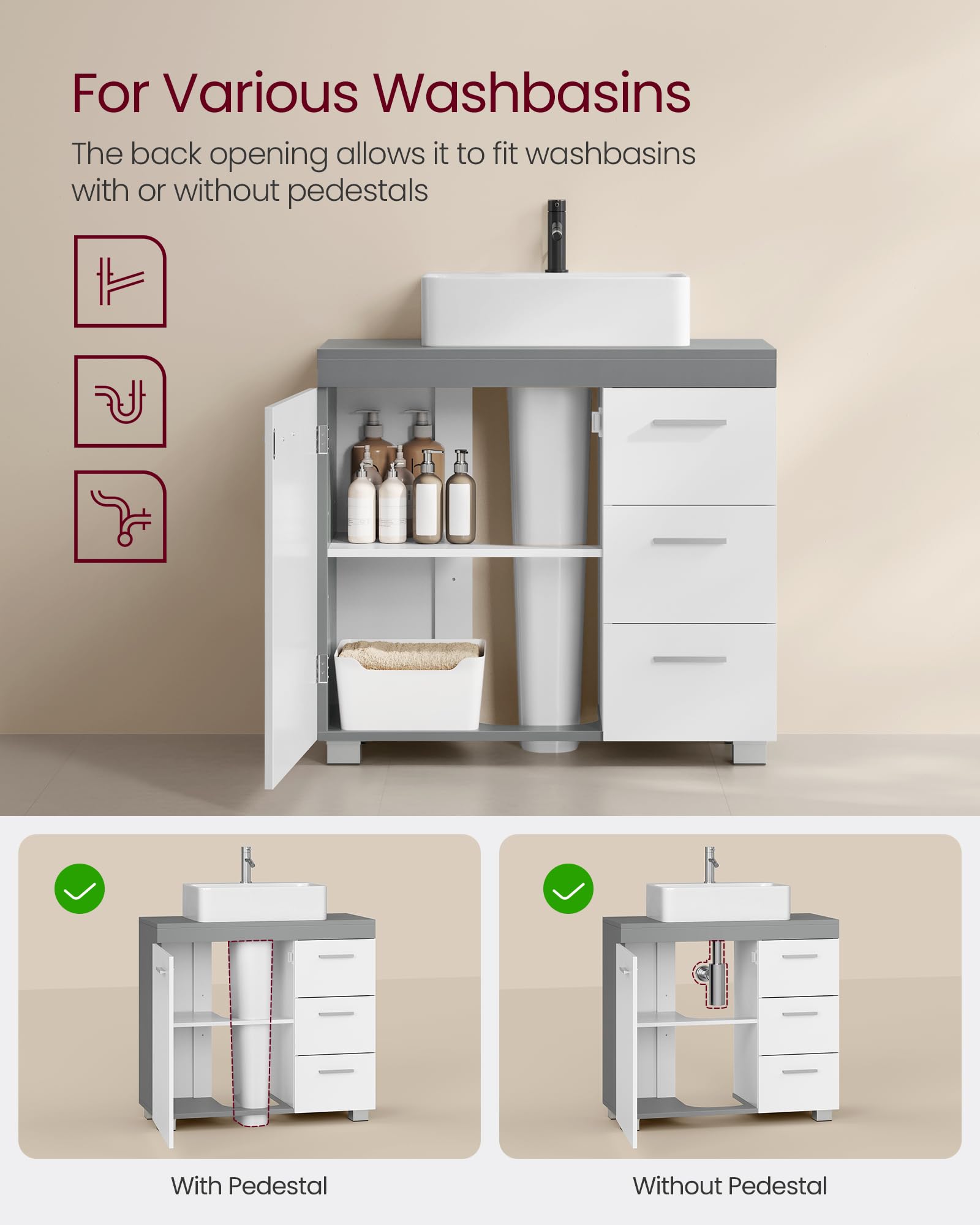VASAGLE Under Sink Bathroom Cabinet - 3 Drawers, 2 Compartments | Cloud White + Dove Grey | 30x70x64 cm 4