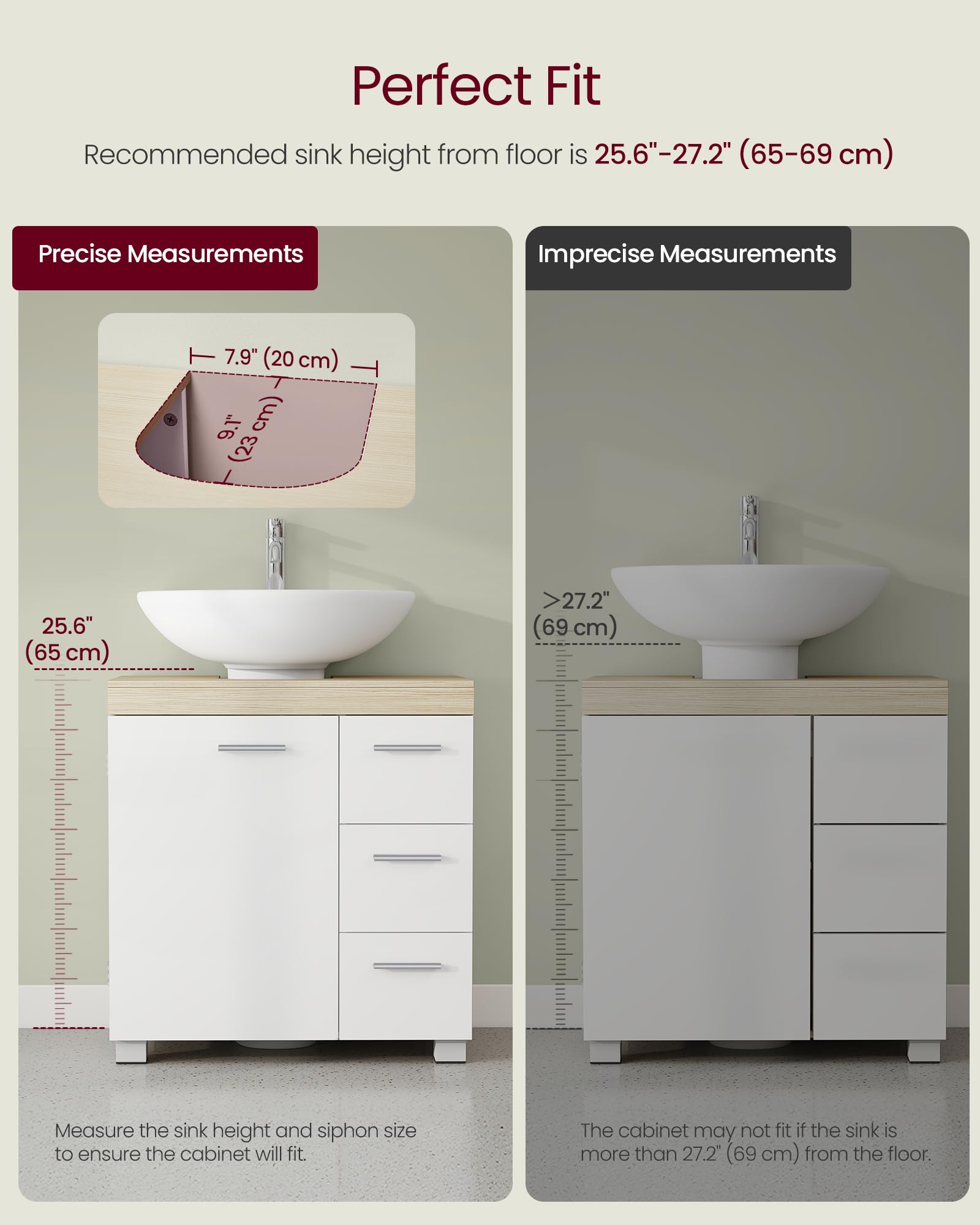 VASAGLE Under Sink Bathroom Cabinet - 3 Drawers, Adjustable Shelf | Cloud White + Natural Beige 7