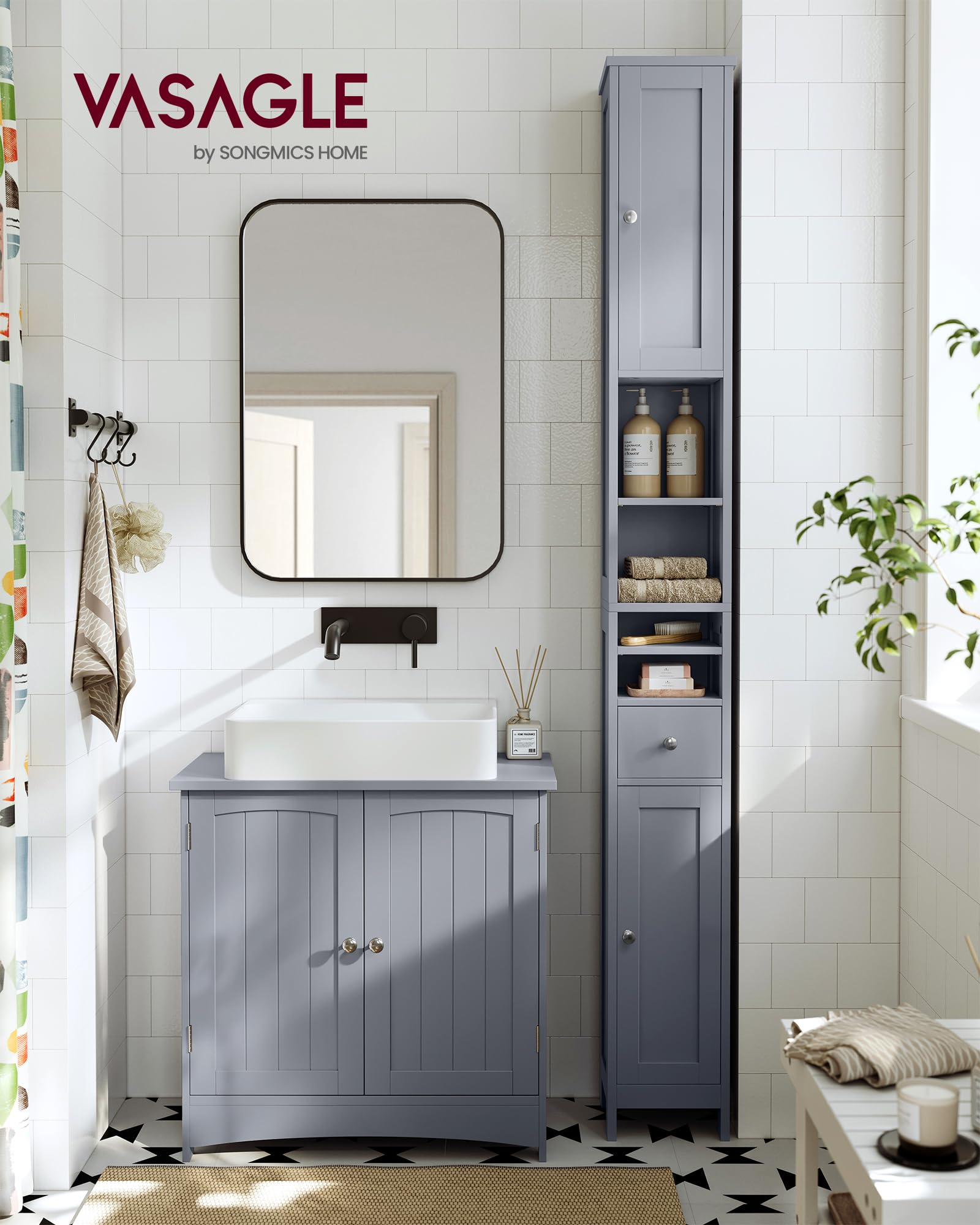 VASAGLE Tall Bathroom Cabinet - Slim Freestanding Storage | Dove Grey | 180 cm Height 2