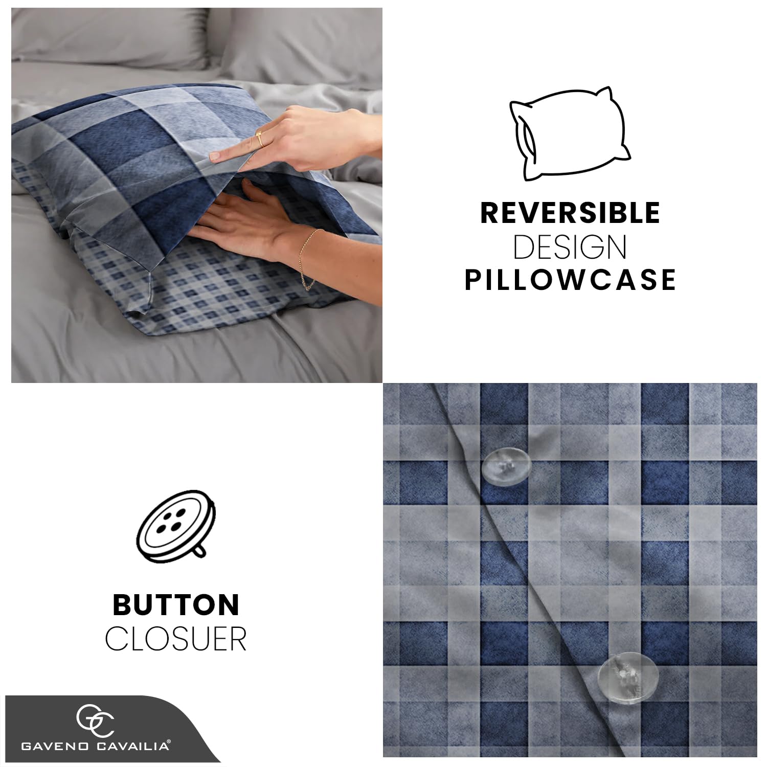 GC GAVENO CAVAILIA Polycotton Checked Duvet Cover Set | Double Size (200cm x 200cm) | Blue 4