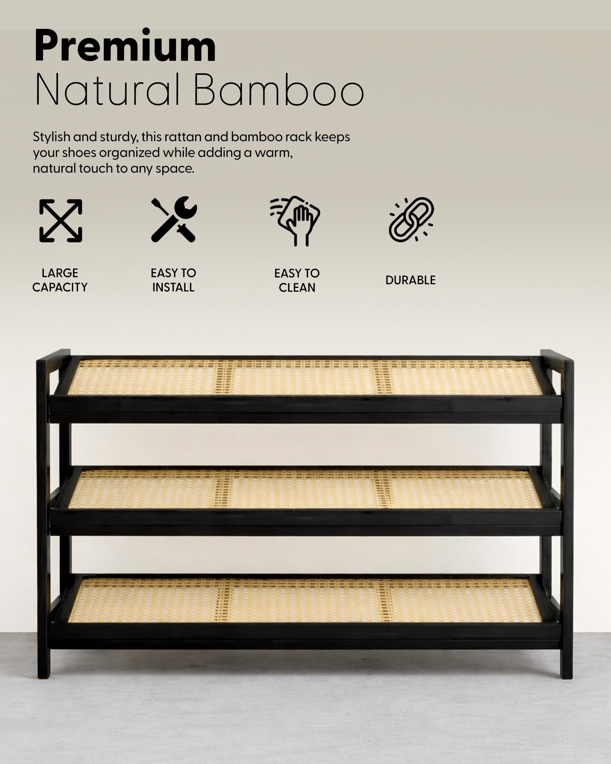 KEPLIN 3 Tier Shoe Rack - Bamboo & Rattan | Holds 9 Pairs | 70x29x54 cm | Natural/Black 6