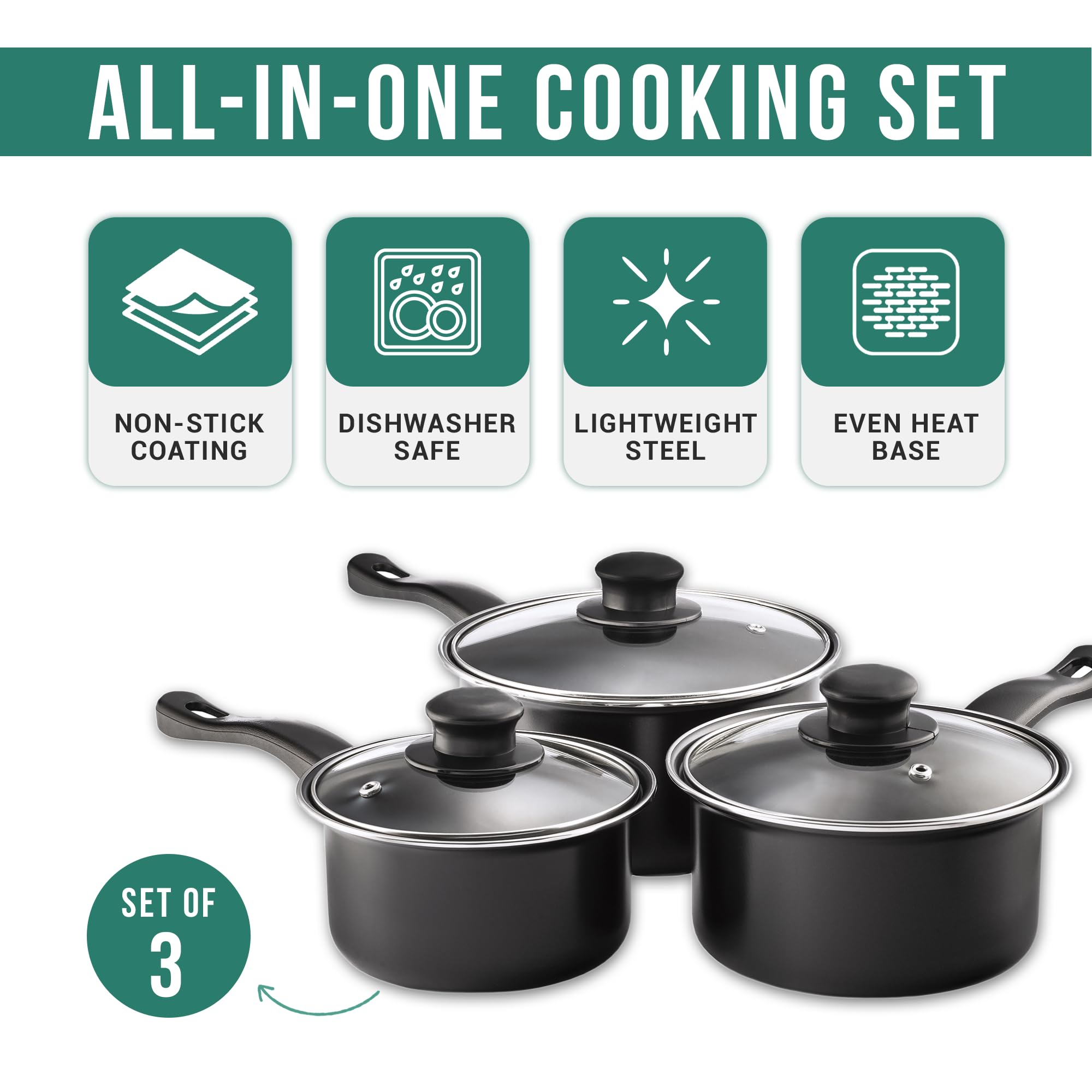 Pendeford Value Plus AP120 Saucepan Set - 3 Piece Carbon Steel Cookware with Glass Lids 2