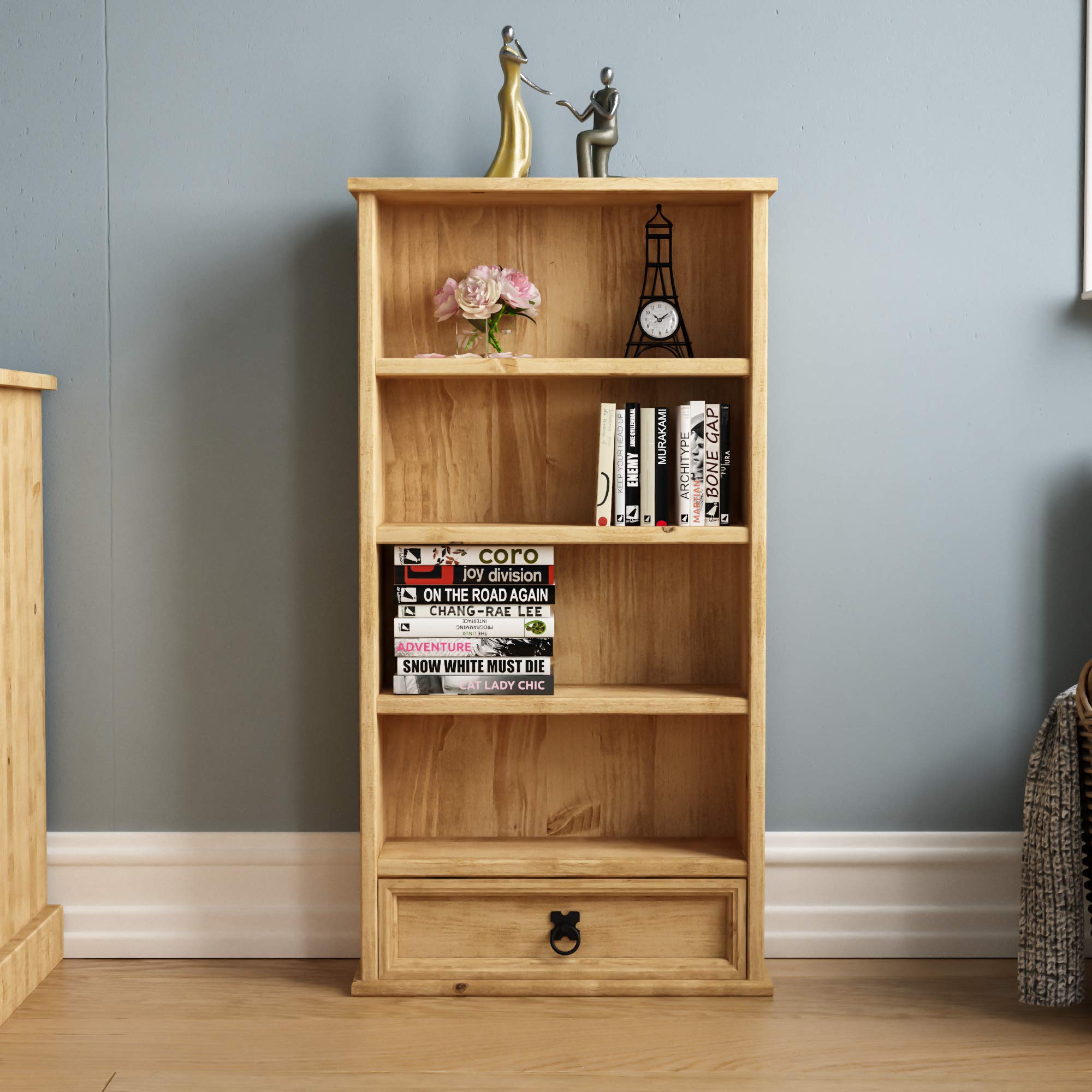 Vida Designs Corona Bookcase - Solid Pine Wood | 1 Drawer | Clear Wax Finish | H 96 x W 50 cm 2