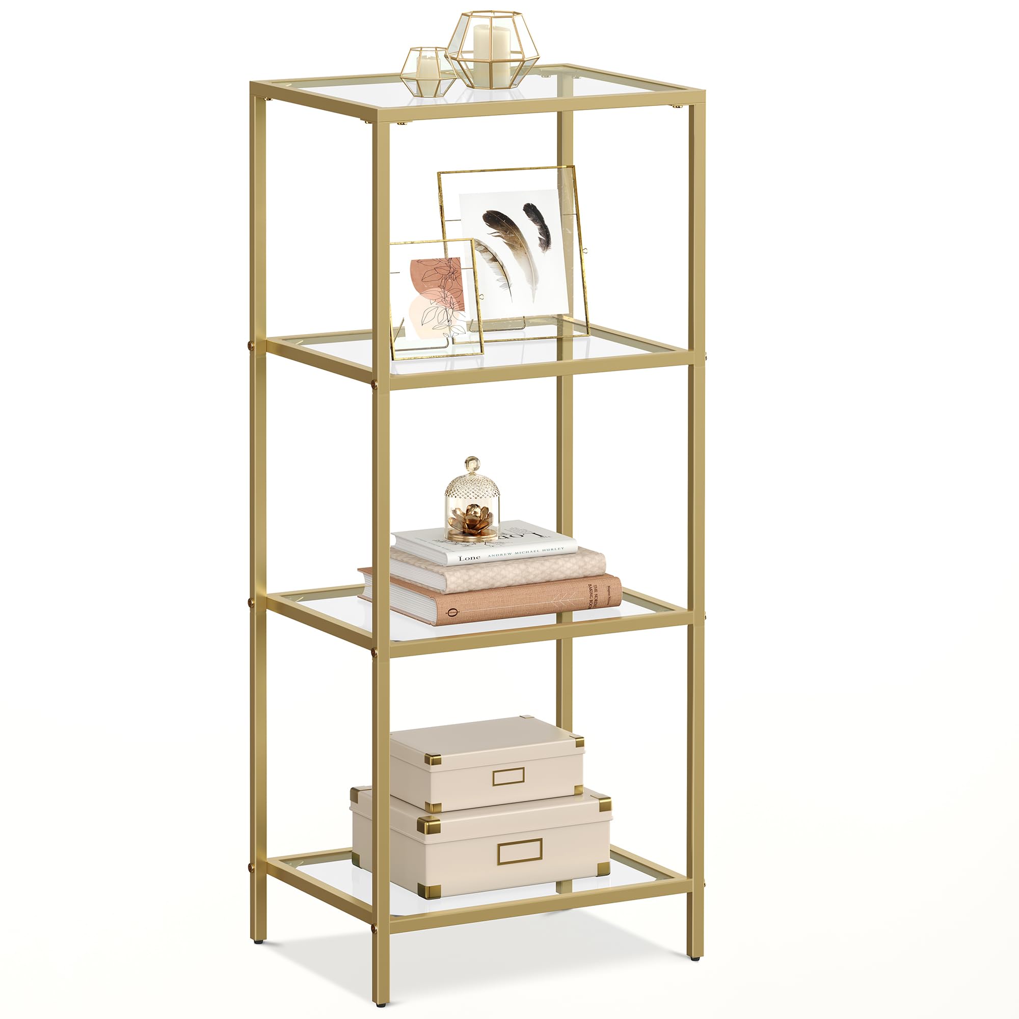 VASAGLE 4-Tier Glass Shelf Unit - Tempered Glass & Metal Frame | 10kg Capacity | Metallic Gold LGT28G 1