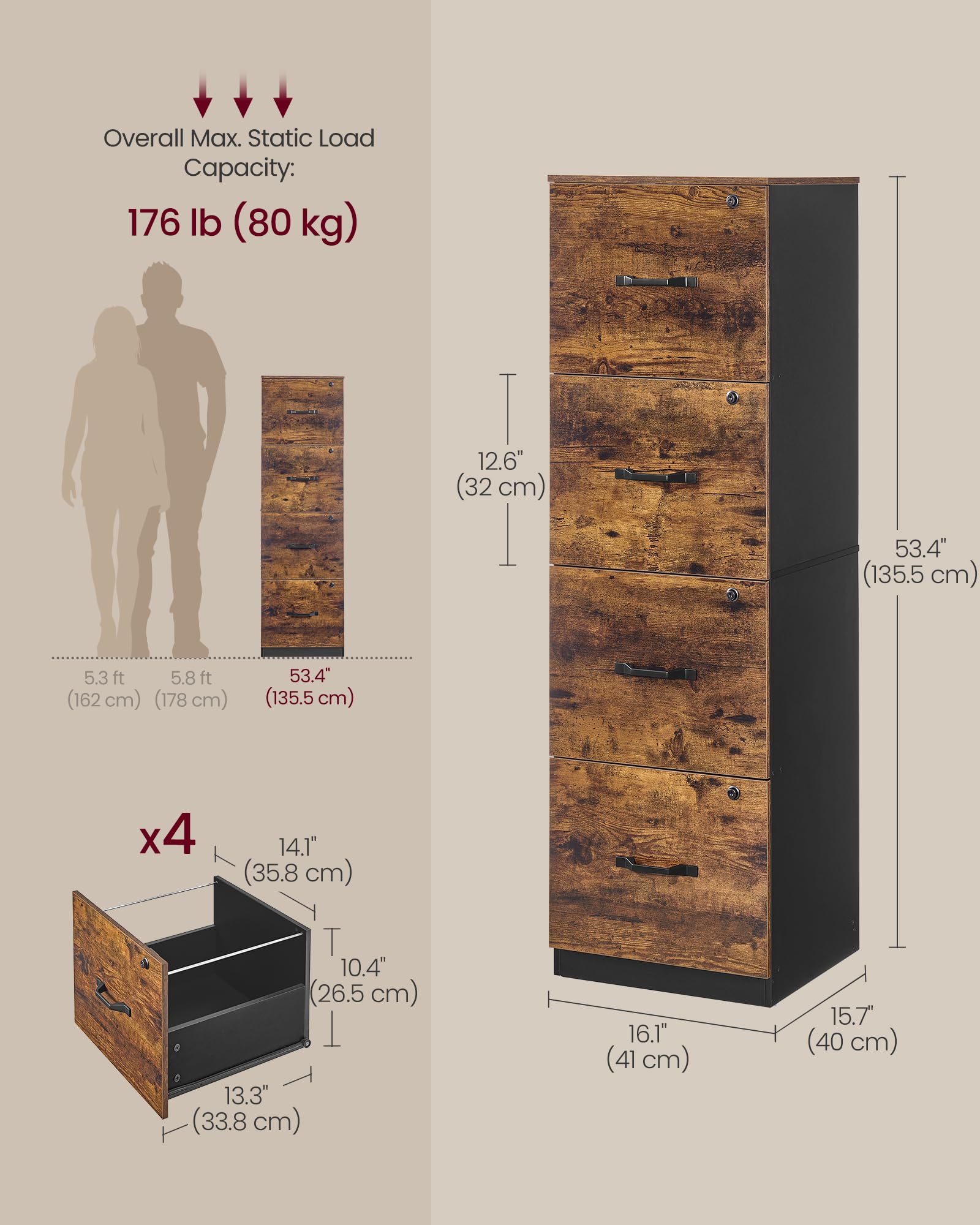 VASAGLE Vertical File Cabinet - 4 Lockable Drawers, Adjustable Rails for A4/Letter Files | Rustic Brown/Ink Black 3