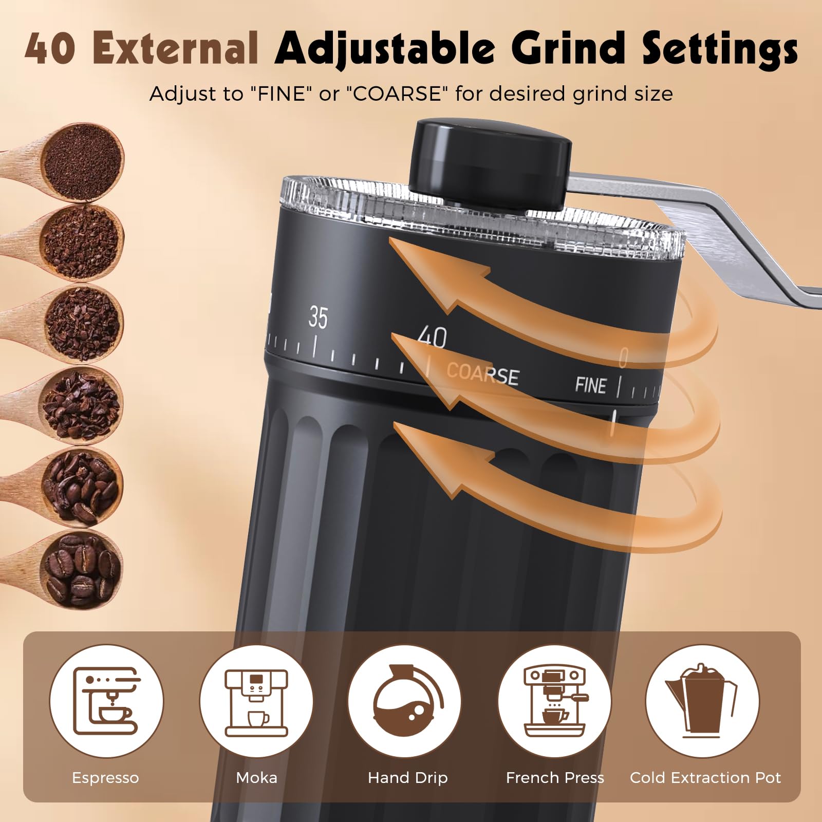 Woobroo Manual Coffee Grinder - 40 External Adjustment Settings | Ceramic Core | Black 3