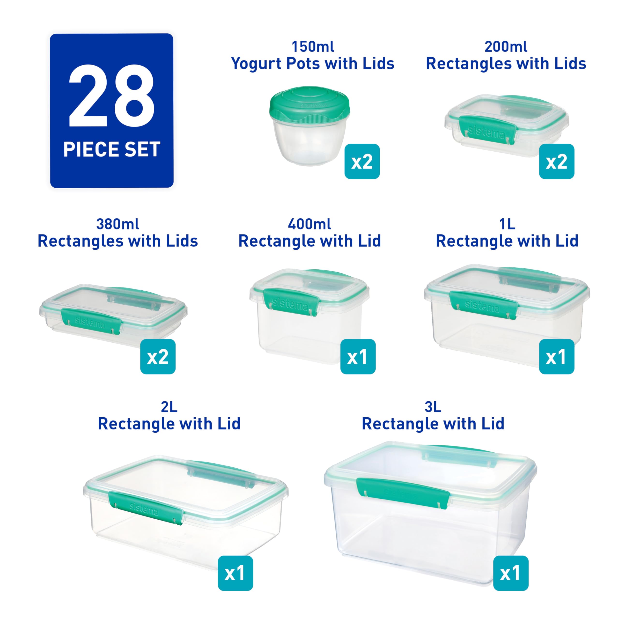 Sistema KLIP IT Food Storage Containers - 28 Piece Airtight & Stackable Set | Teal Plastic