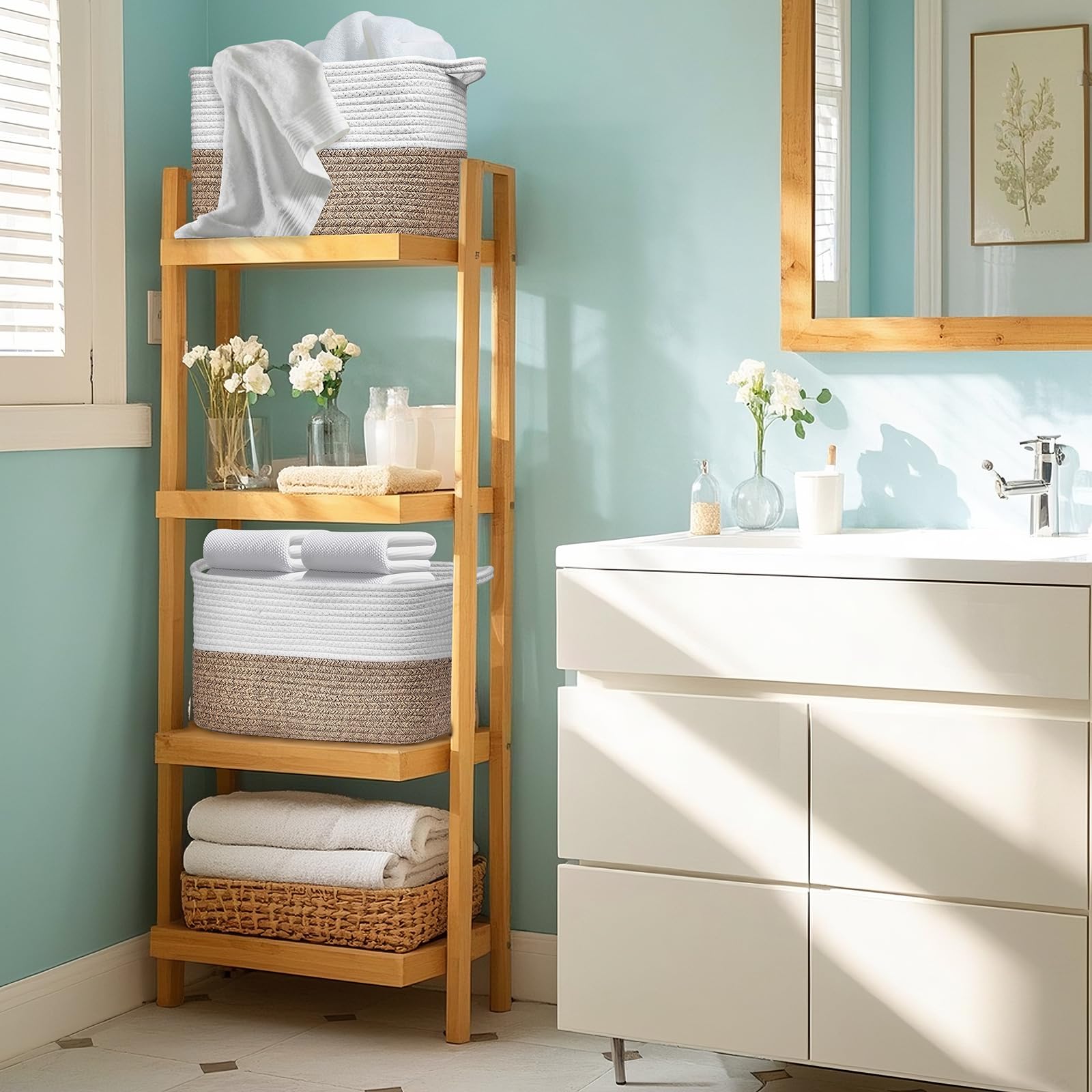 Lychico Cotton Rope Woven Shelf Basket with Handles | 33x25x22.5 cm | White & Brown 6