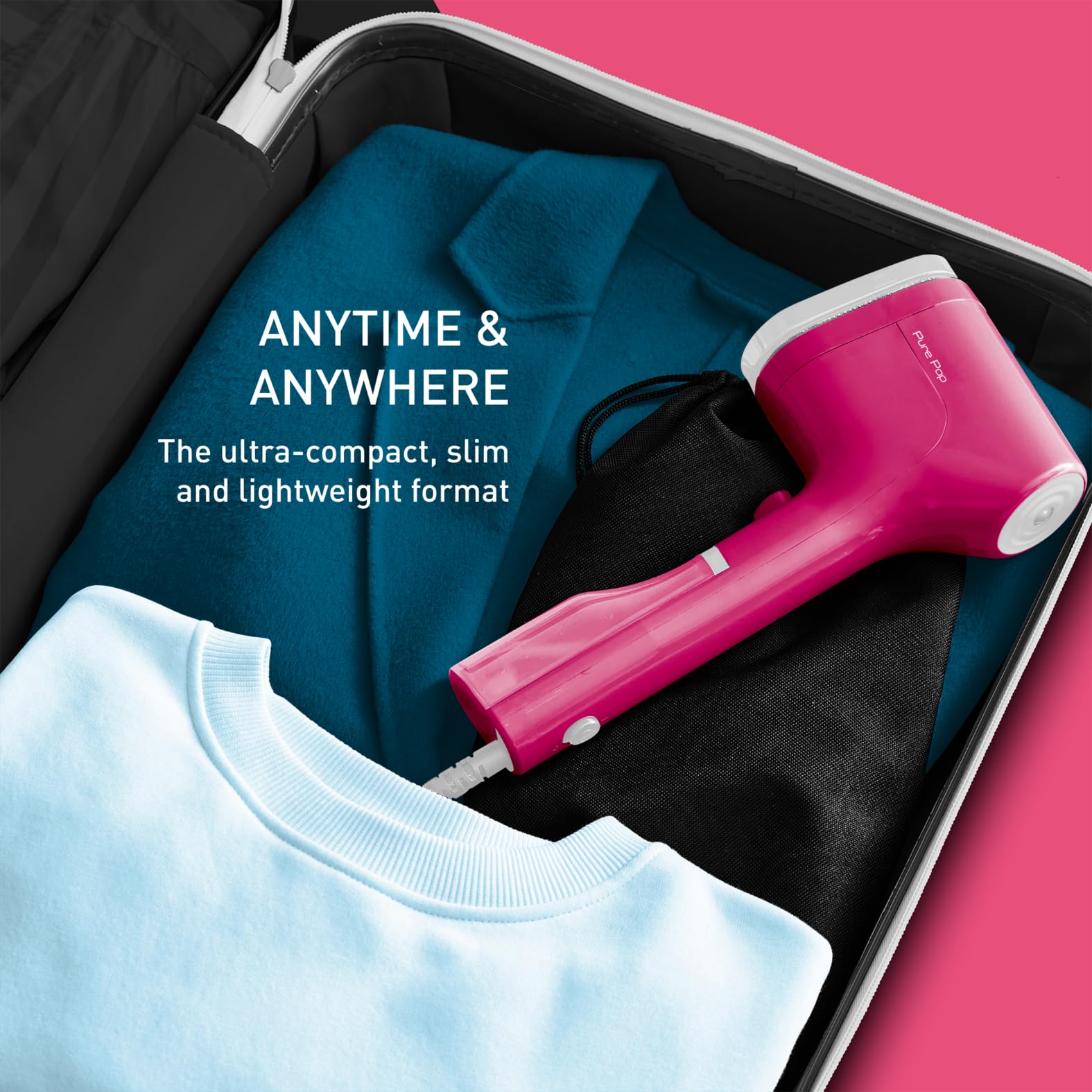 Tefal Pure Pop Slim Handheld Clothes Steamer - 15s Heat Up | 20g/min Steam | 70ml Tank | Pink DT2023 4