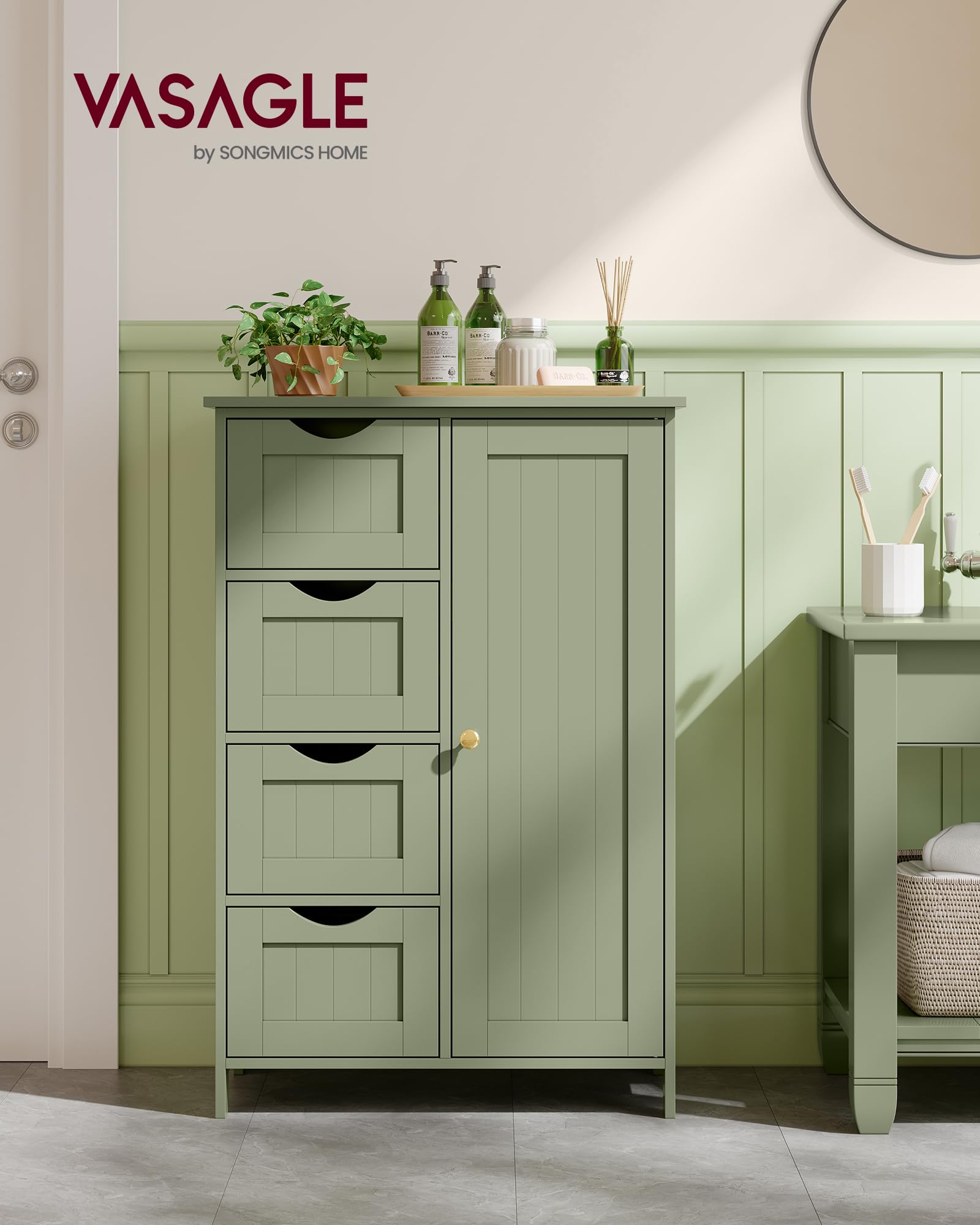 VASAGLE Bathroom Floor Storage Cabinet with 4 Drawers | Laurel Green | Engineered Wood 2