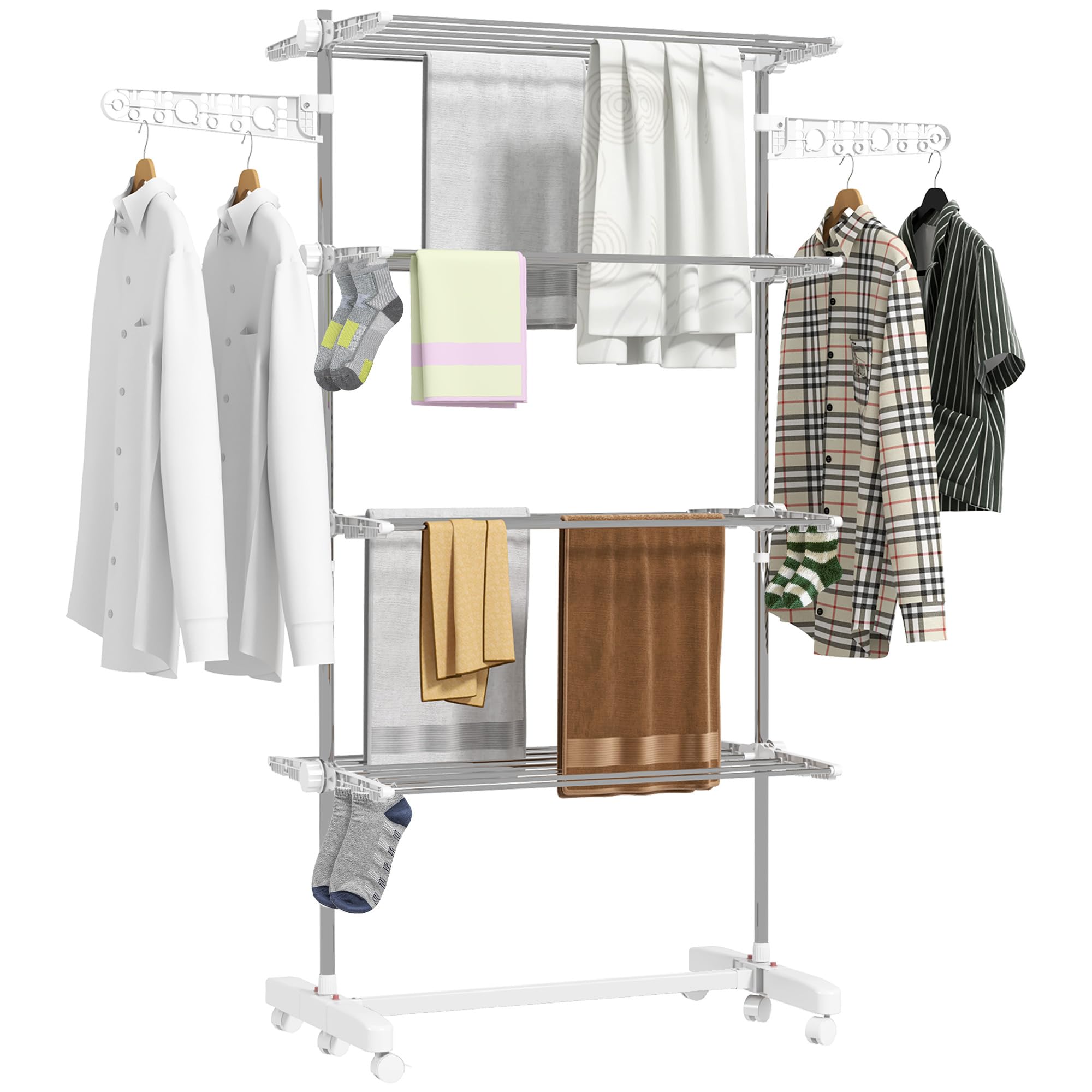 HOMCOM 4-Tier Stainless Steel Clothes Drying Rack | Foldable | Max Load 30kg | Wheeled