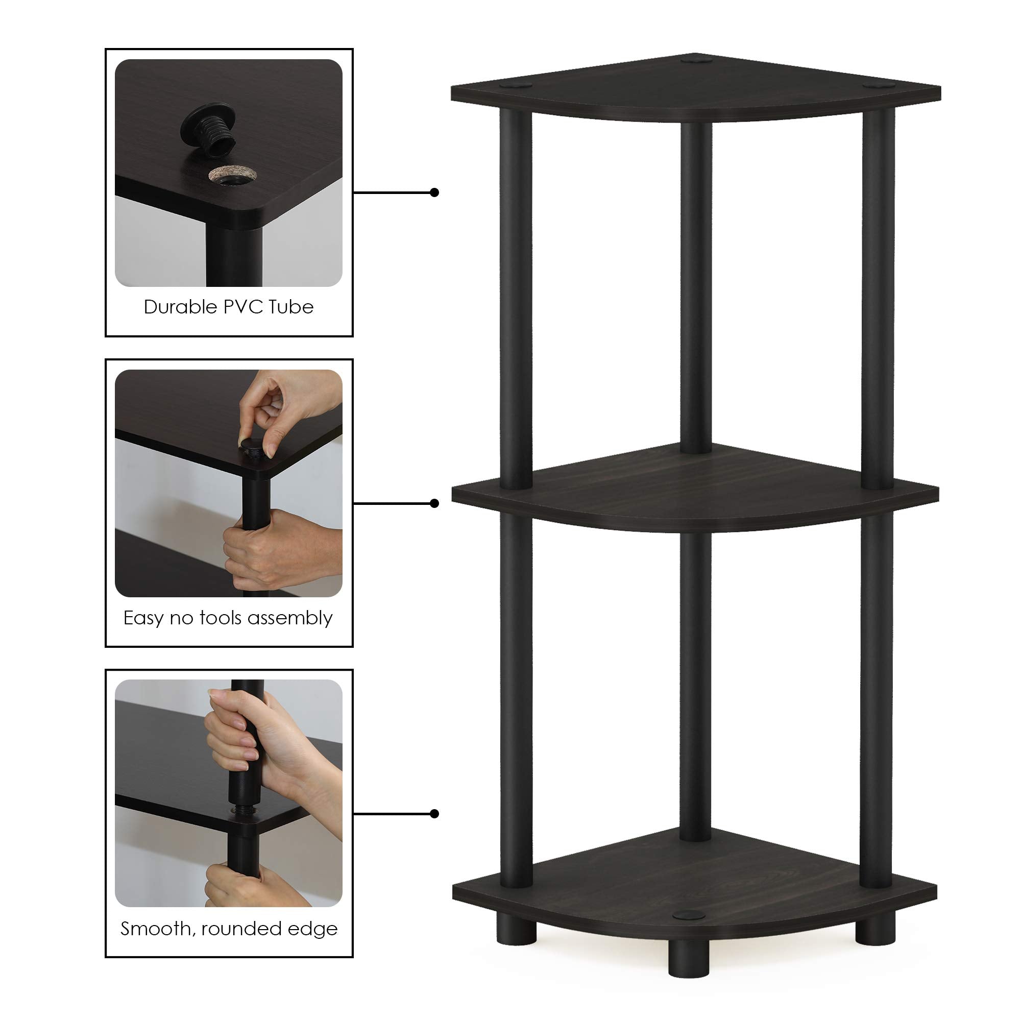 Furinno TURN-N-TUBE Corner Shelf - 3-Tier Open Display | Espresso/Black | Freestanding 4