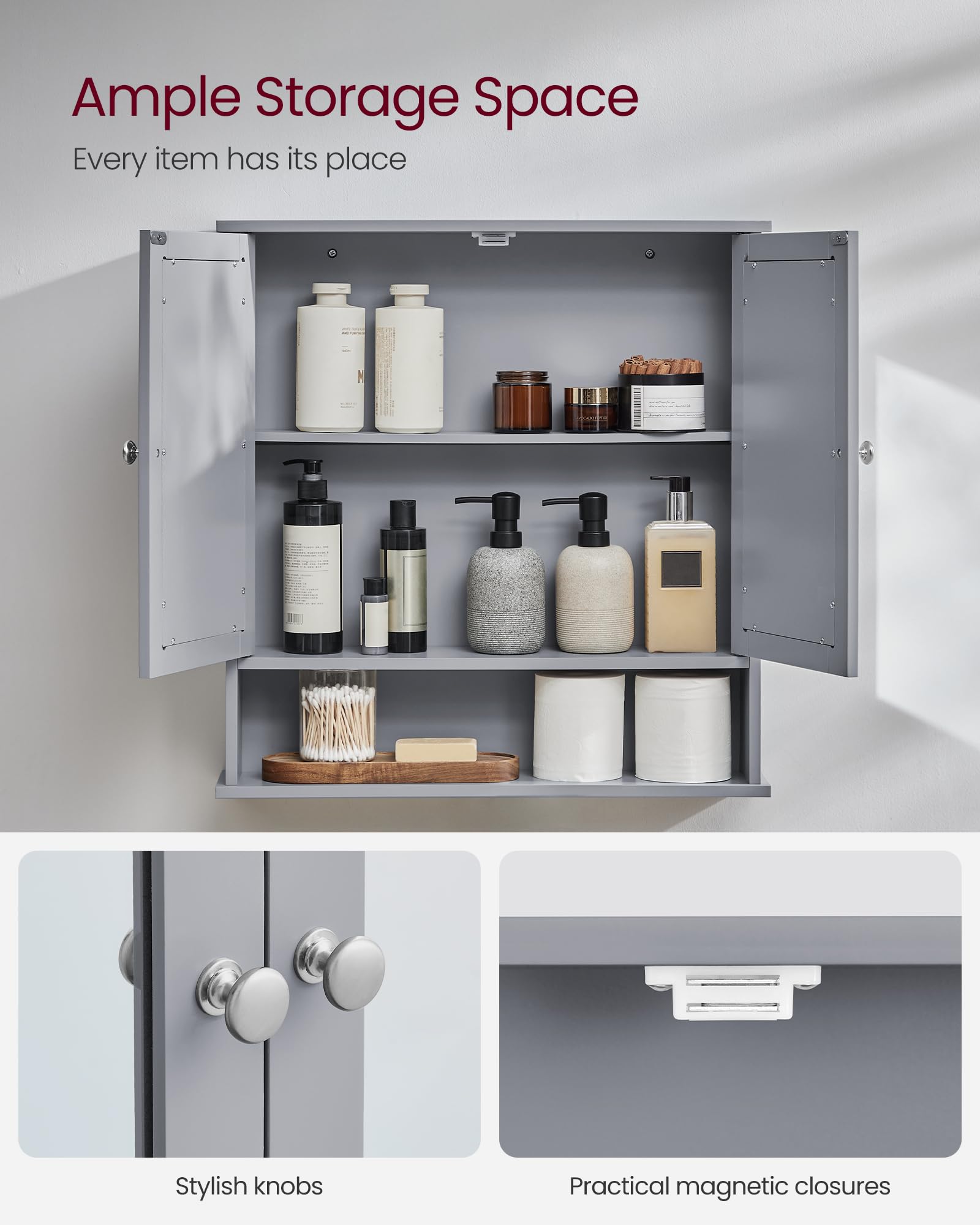 VASAGLE Bathroom Mirror Cabinet with 2 Mirrored Doors | Dove Grey | 13D x 56.5W x 58.5H cm 5