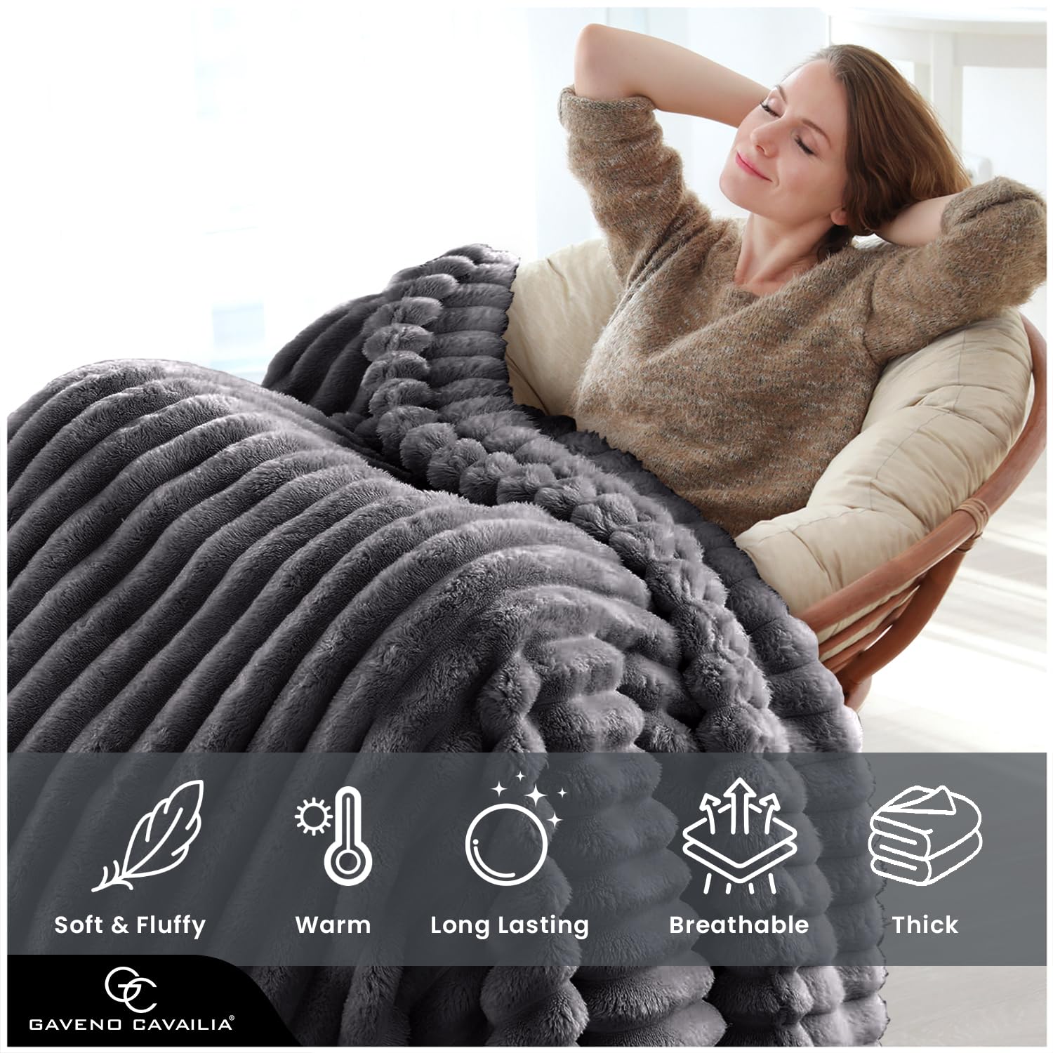 GC GAVENO CAVAILIA Ribbed Fleece Throw Blanket - Charcoal | King Size 200x240 cm | 100% Polyester 3