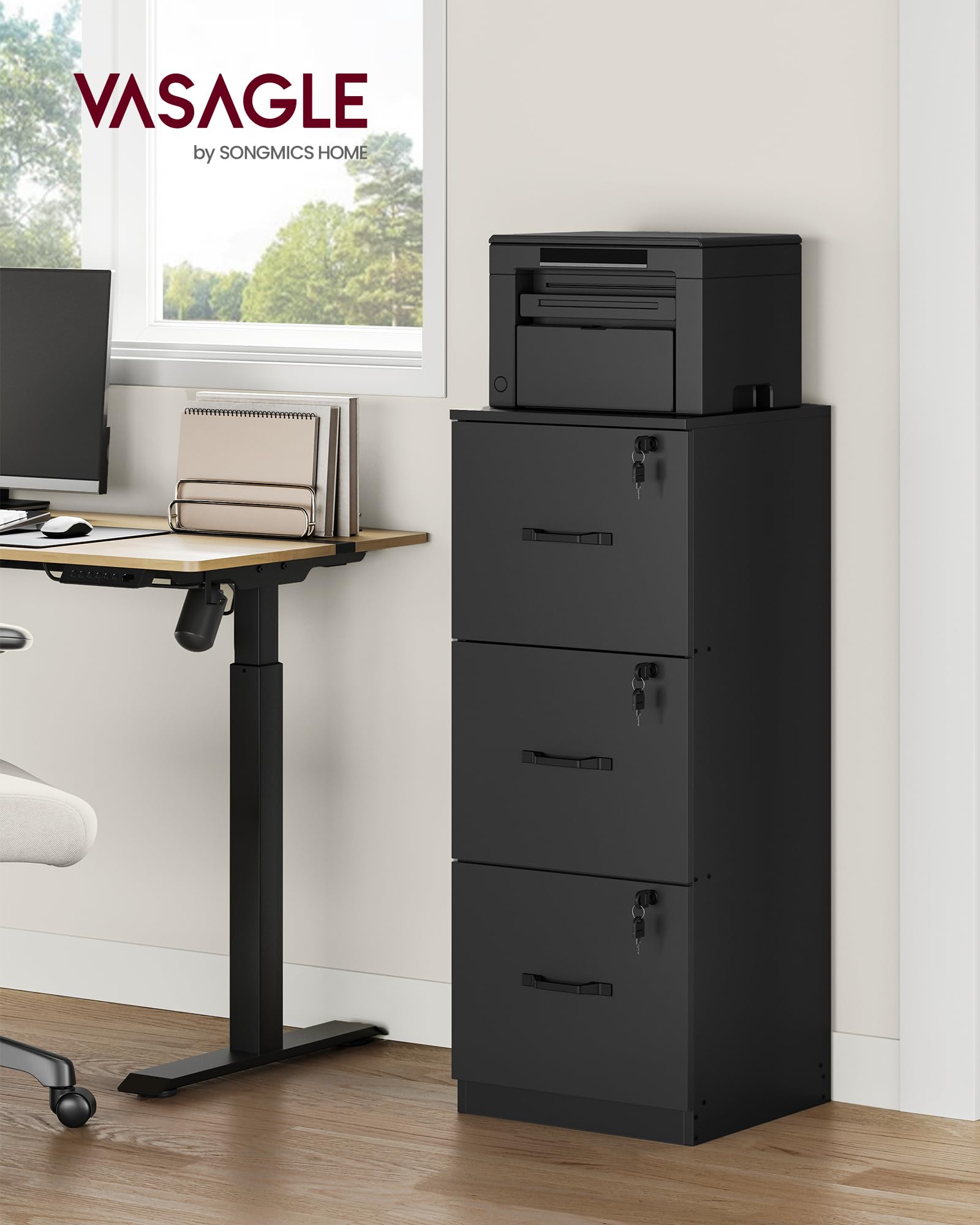 VASAGLE Vertical File Cabinet - 3 Lockable Drawers, Adjustable Rails for A4/Letter Files | Ink Black