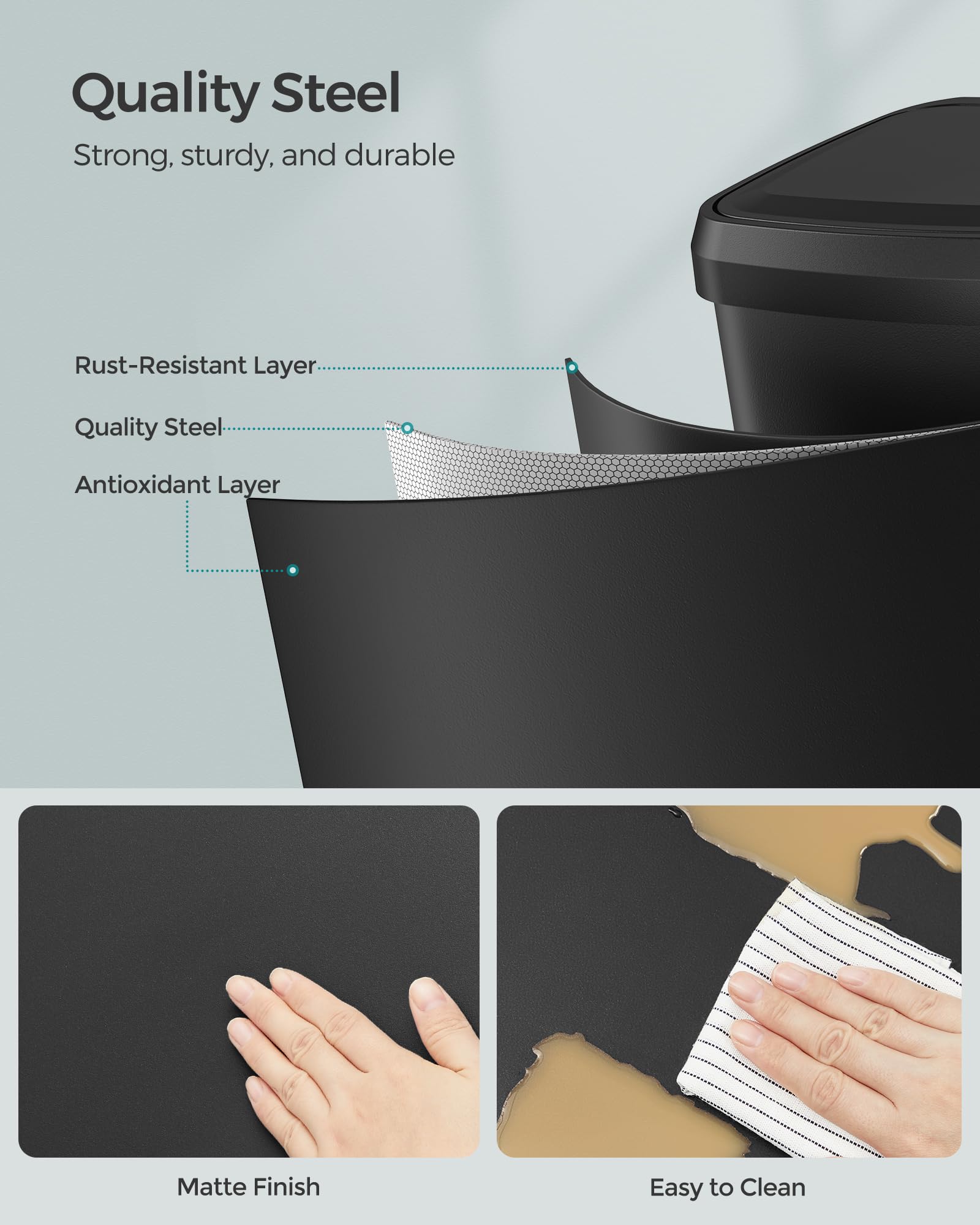 SONGMICS Kitchen Bin - 50L Capacity, Black Metal Pedal Waste Bin | Quiet Close 7