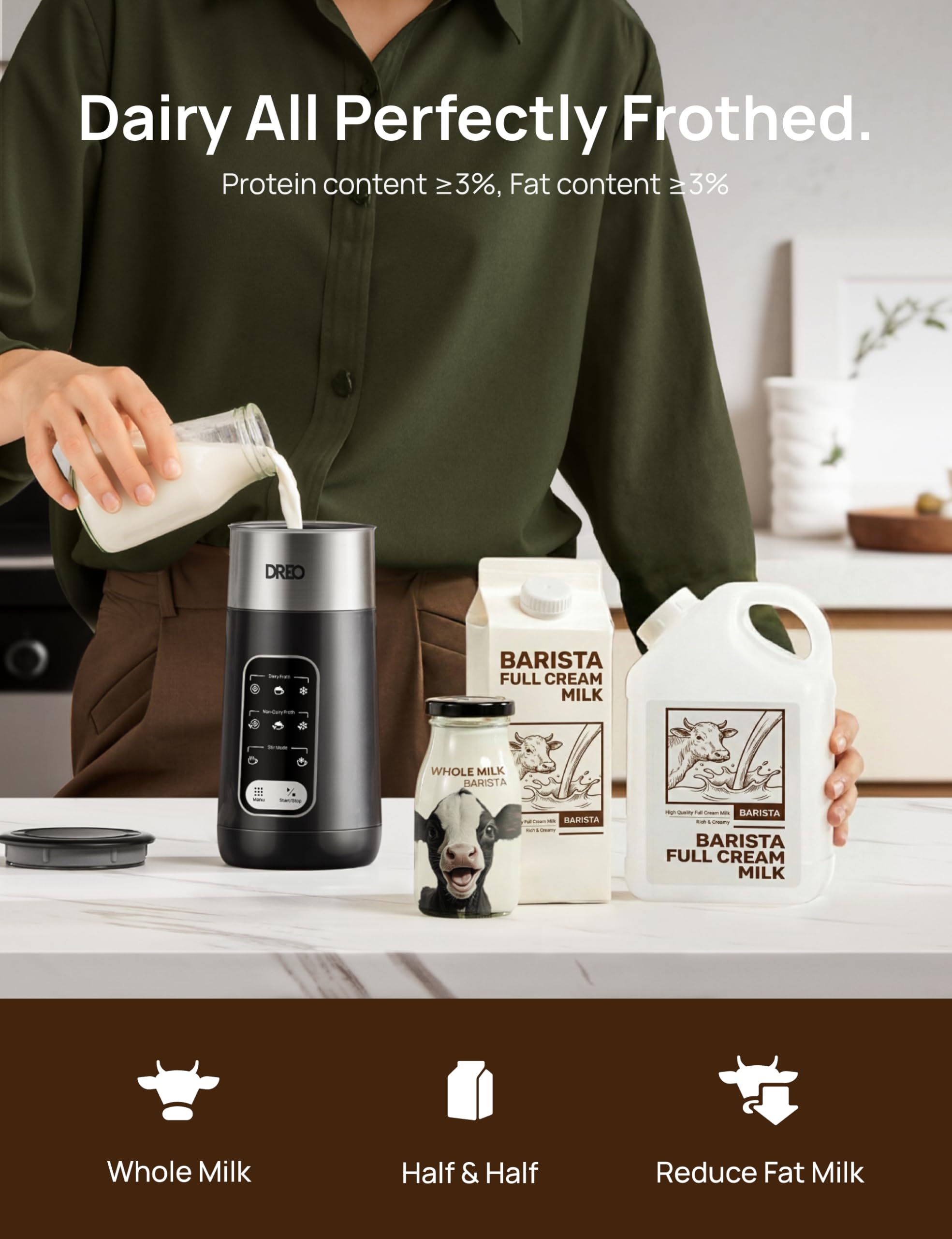 Dreo Electric Milk Frother - 8-in-1 Silent Steamer | Stainless Steel | Black Silver 4