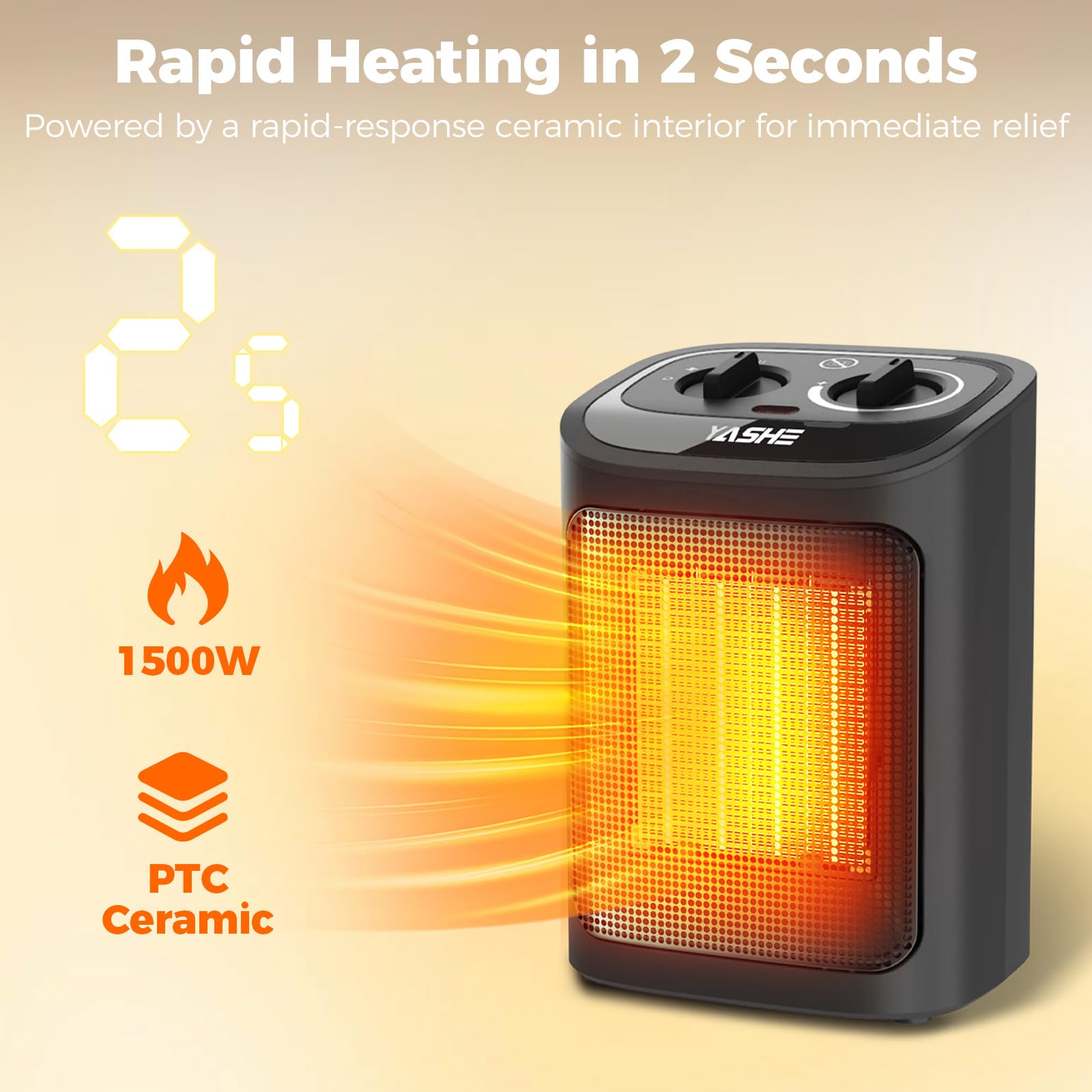 YASHE Electric Heater 1500W PTC Ceramic Heating Element with Thermostat | Black