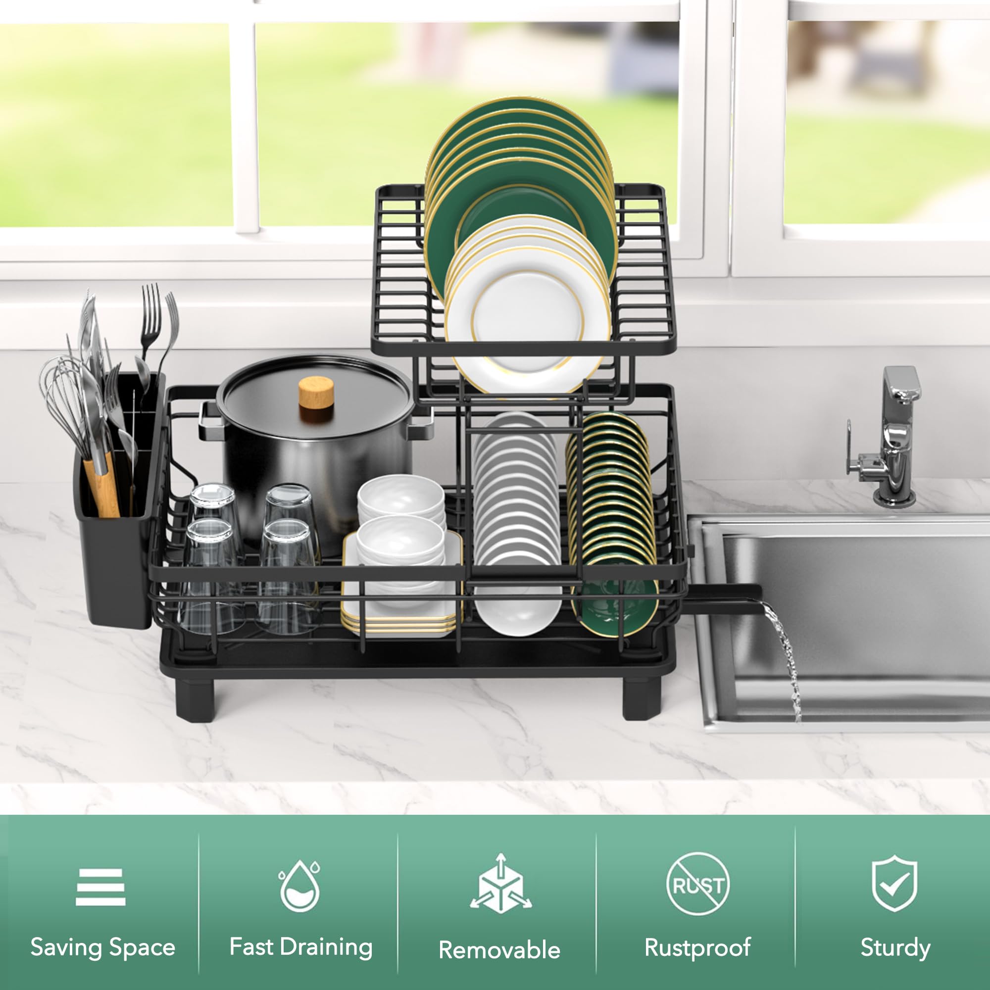 Rottogoon Large 2-Tier Dish Drying Rack - Stainless Steel, Black, with Drainboard & Utensil Holder 7