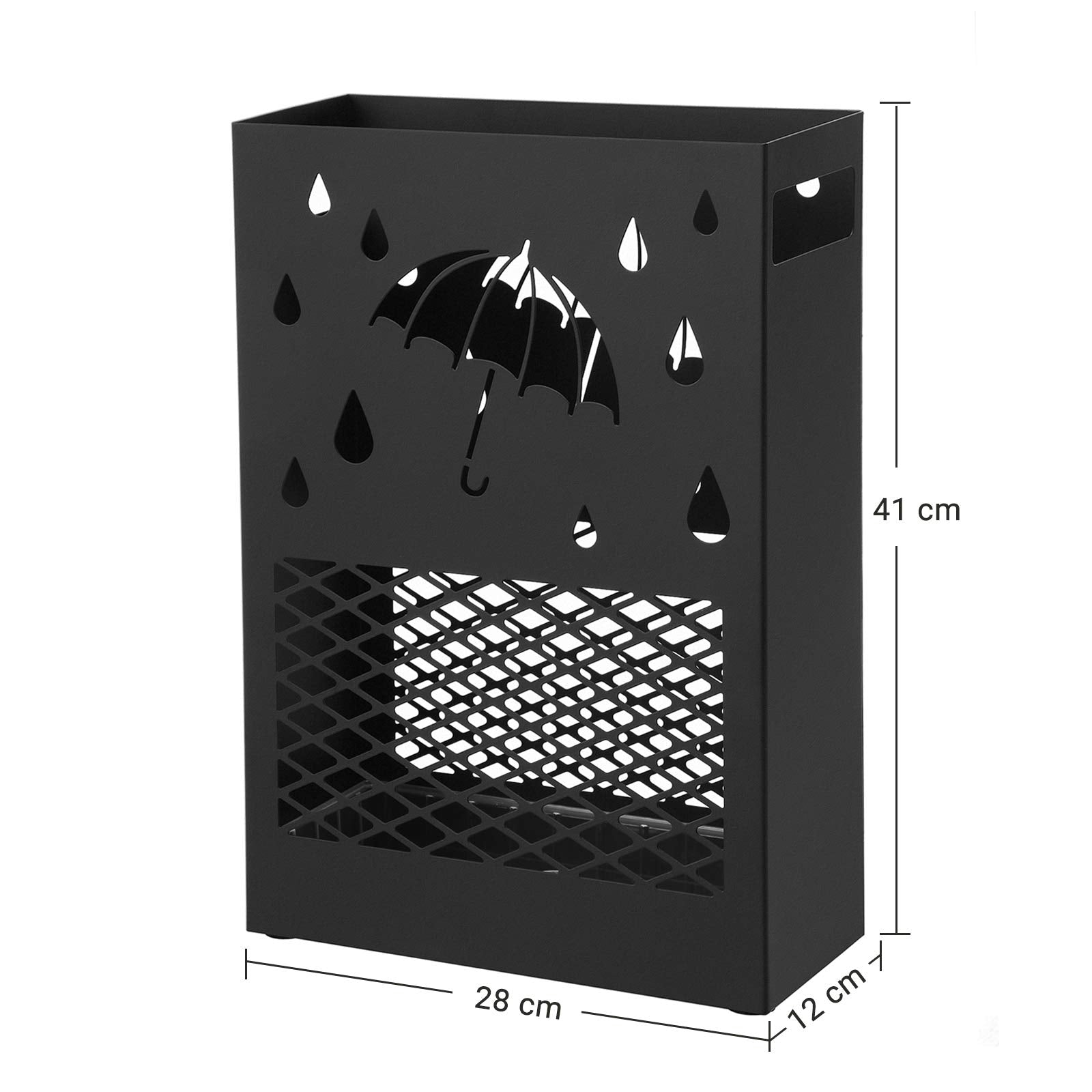 SONGMICS Metal Umbrella Stand - Rectangular Holder with 4 Hooks & Removable Drip Tray | Black 5