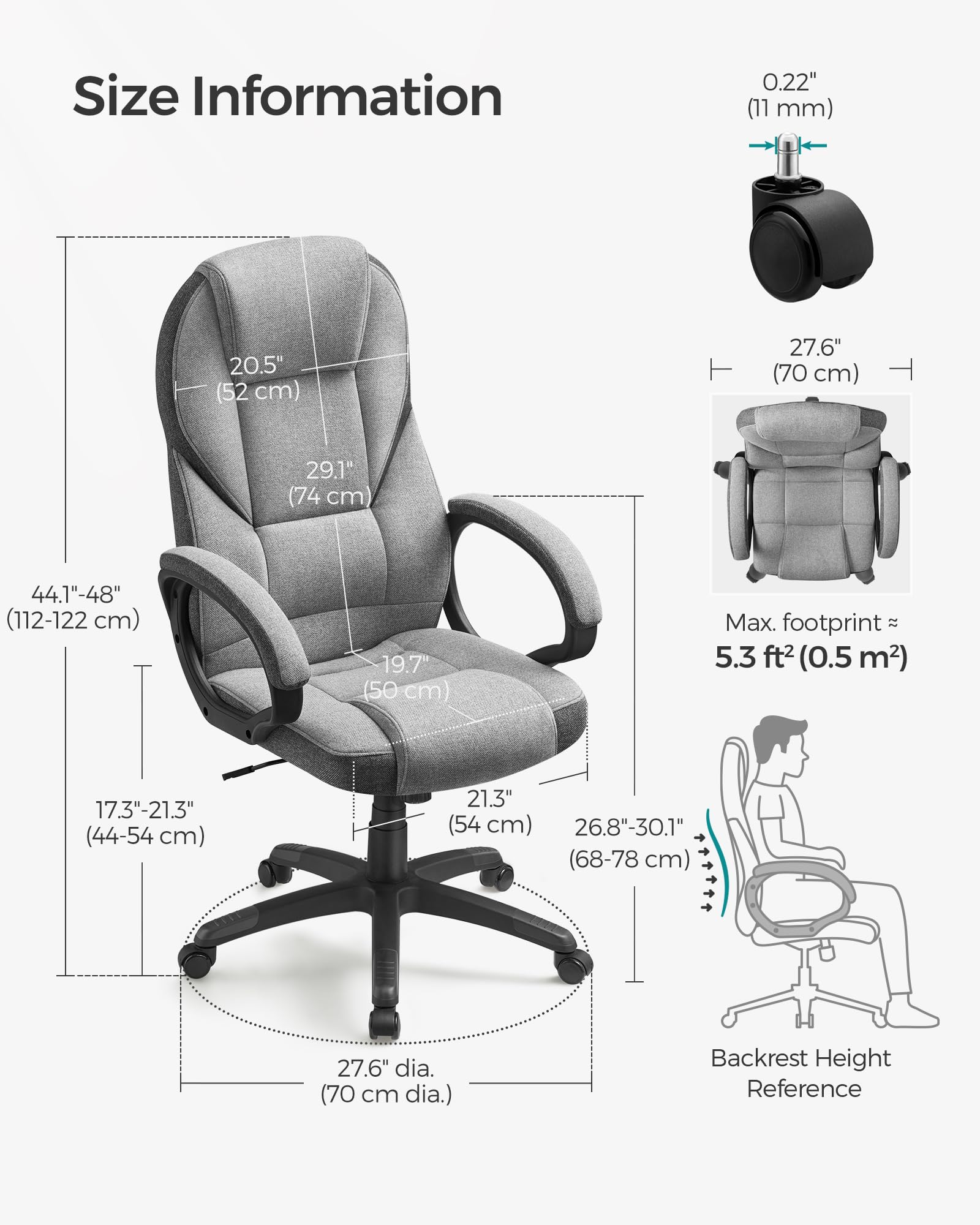 SONGMICS Ergonomic Swivel Desk Chair - Adjustable Height, Silent Castors, Dove Grey | OBG022G11 3