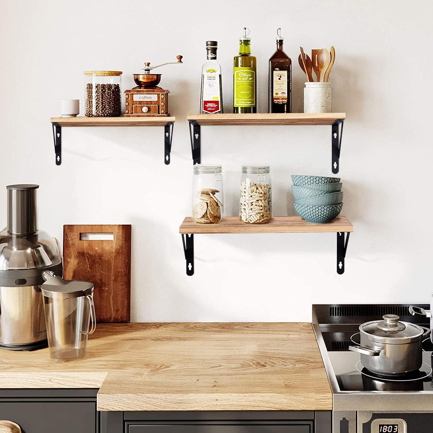 himaly Rustic Wooden Floating Shelves Set of 2 | Max Load 15kg | Light Wood Finish | 42x14.2x15cm 6