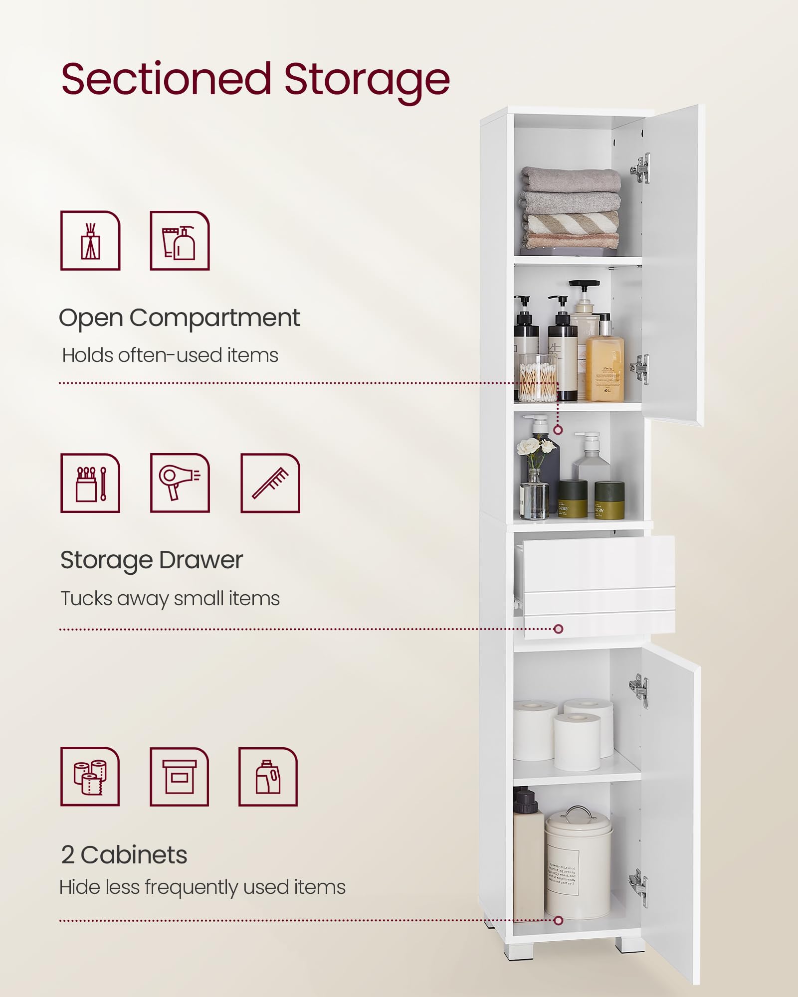 VASAGLE Tall Bathroom Cabinet - Slim Storage | White | MDF | 30x30x170 cm 4