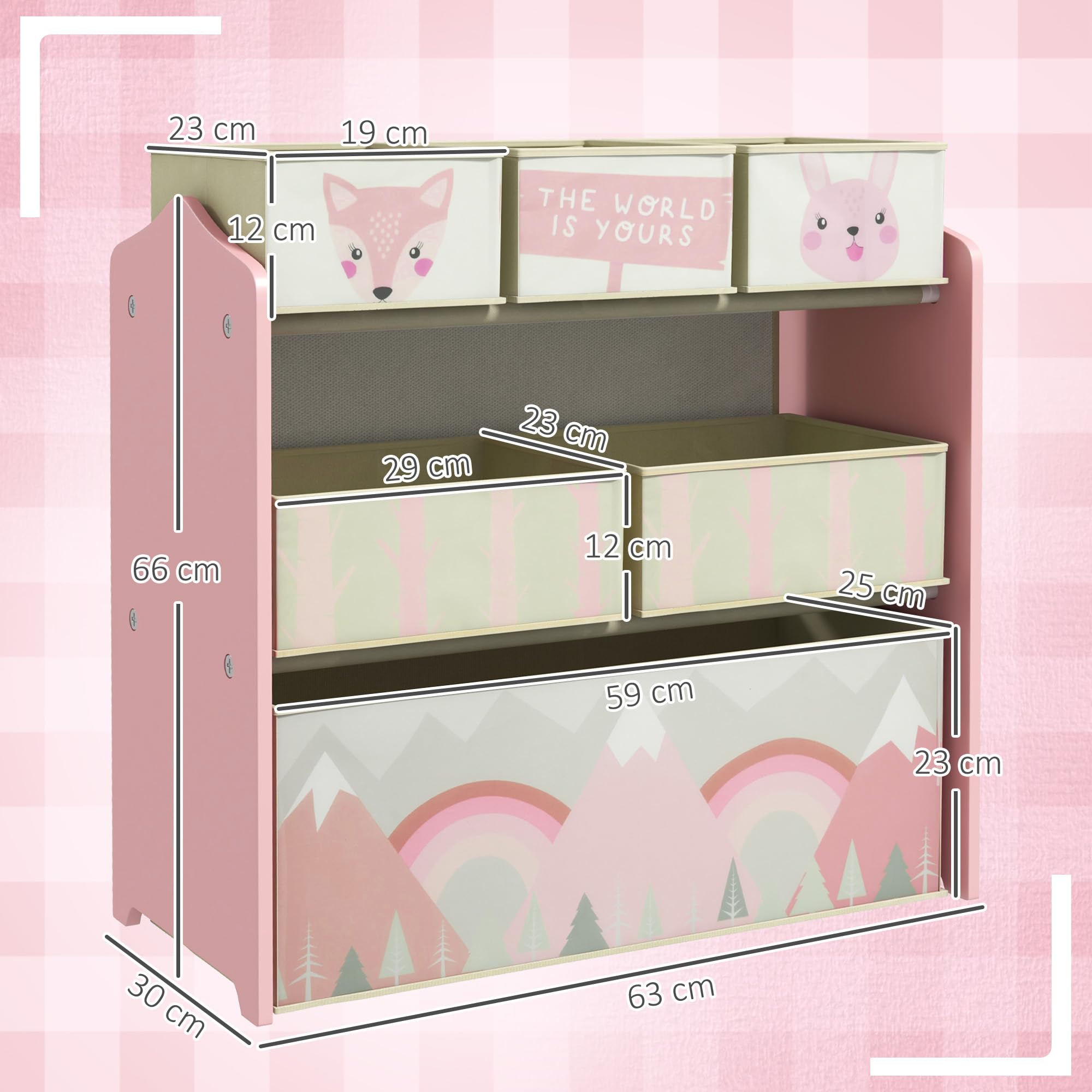 ZONEKIZ Kids Toy Storage Unit Organizer with 6 Detachable Fabric Bins | Pink | 63 x 30 x 66 cm 3
