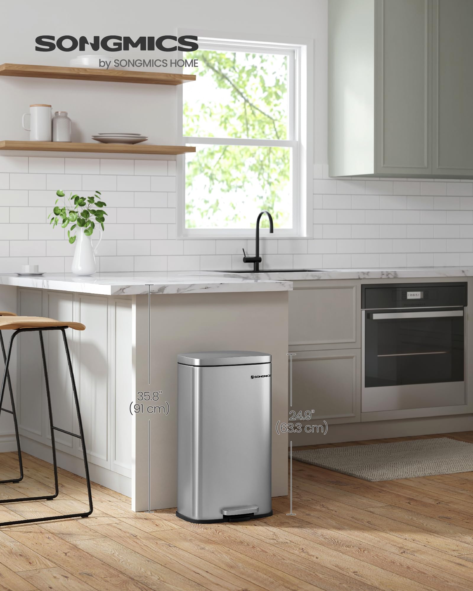 SONGMICS 30L Kitchen Bin - Soft-Close Pedal Bin with Inner Bucket | Steel, Silver LTB03NL