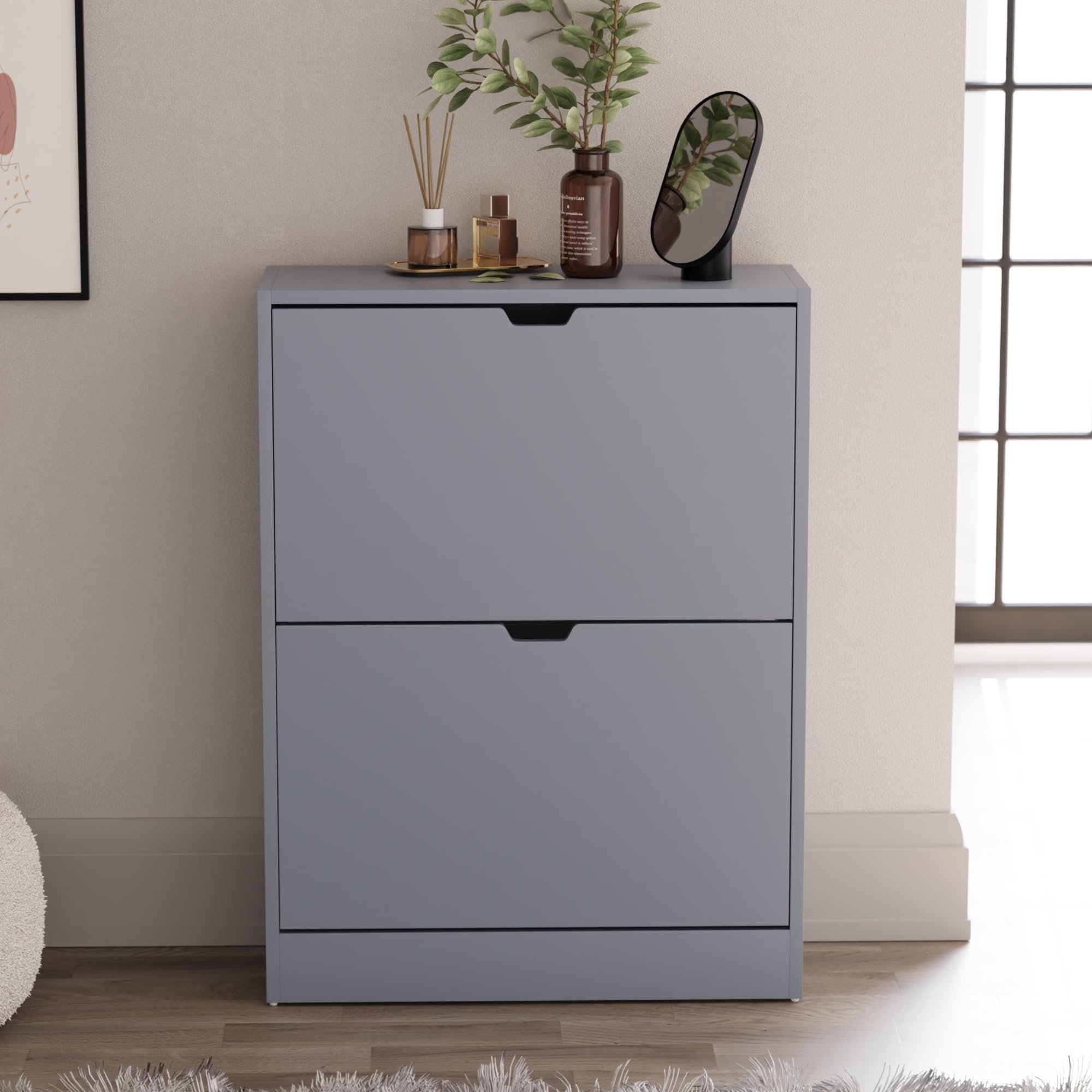 Vida Designs Wooden Shoe Cabinet - 2 Flip Drawers | Space-Saving Slim Design | Grey 3