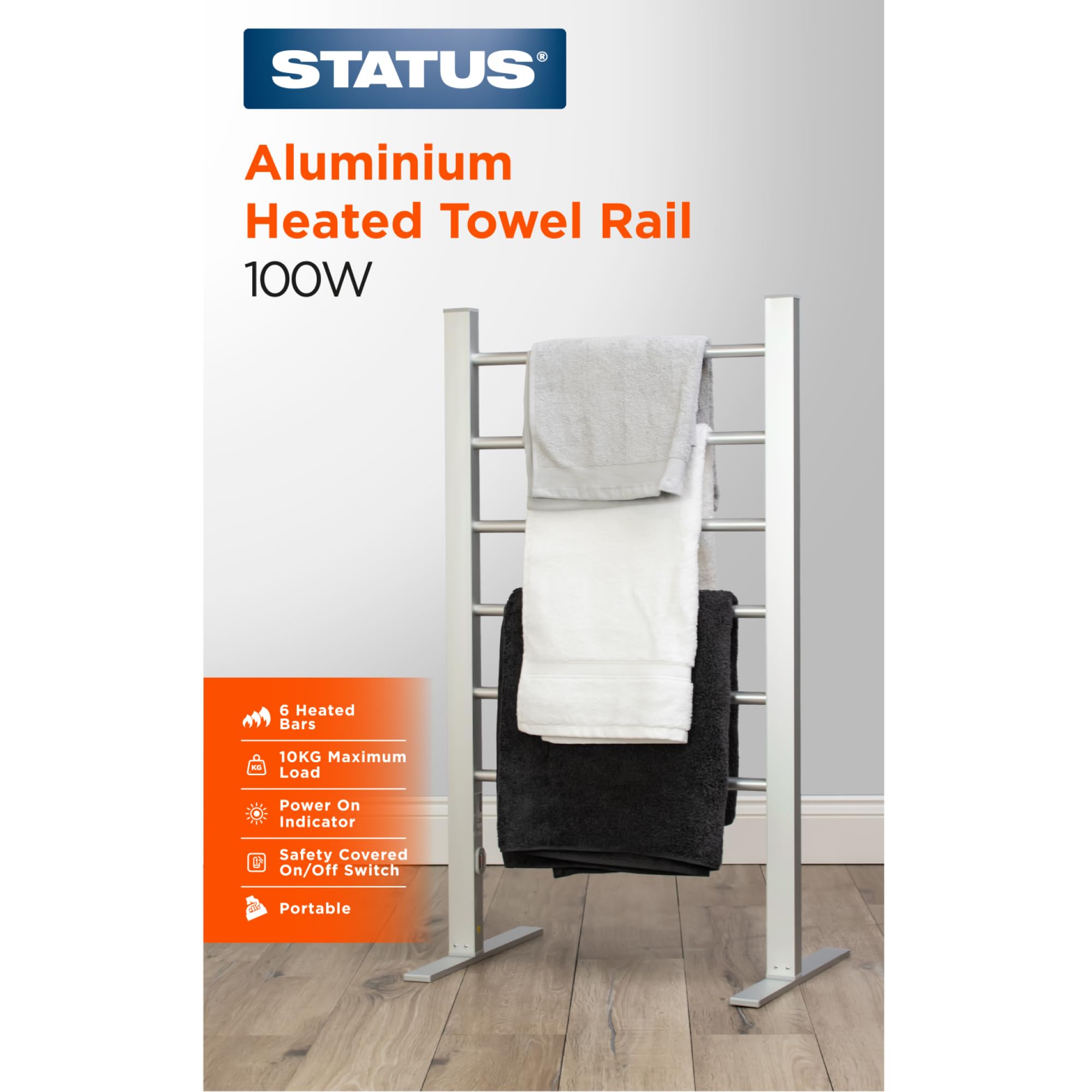 Status 100W 6 Bar Aluminium Heated Towel Rail - Freestanding Electric Dryer | Silver 6