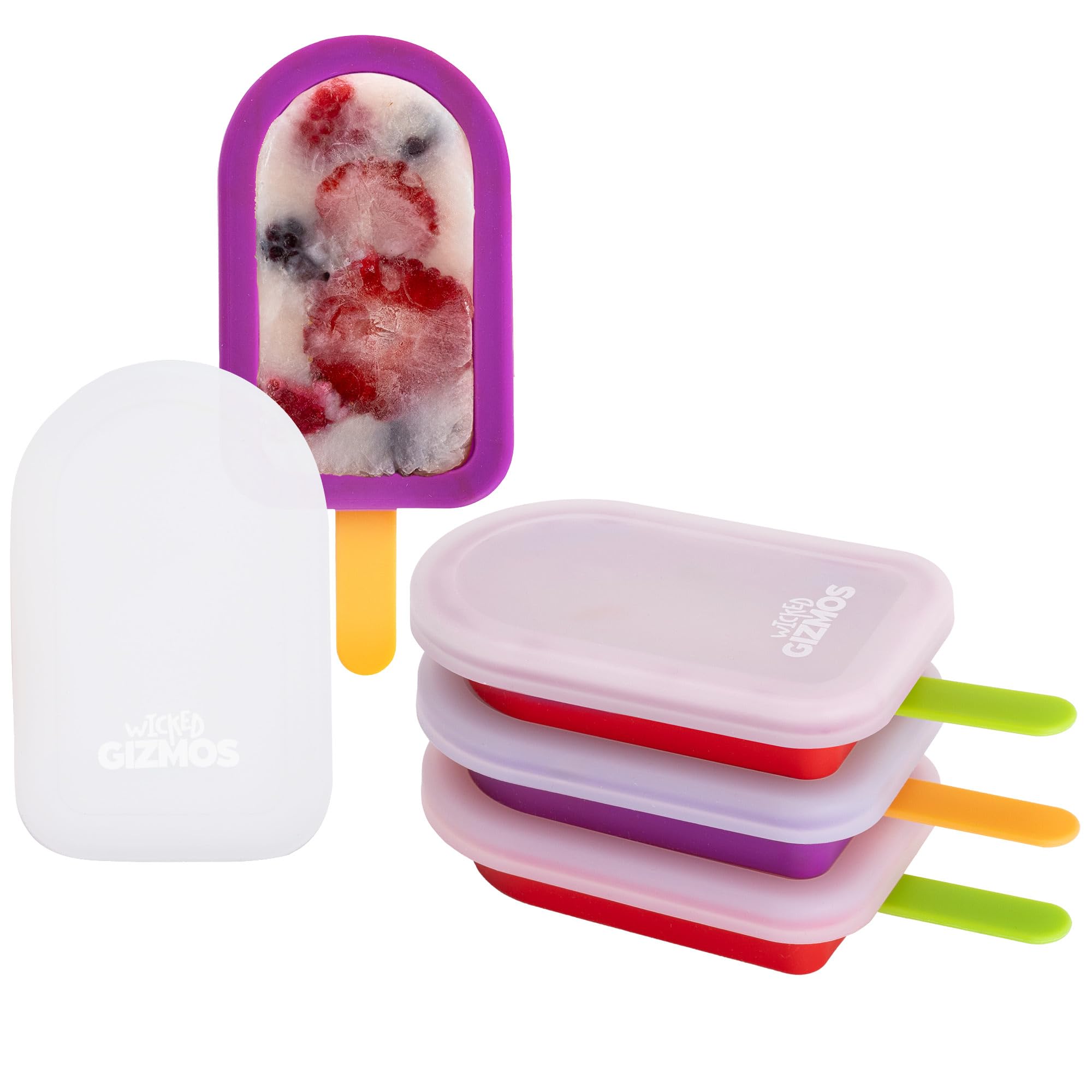 WICKED GIZMOS 4 Reusable Silicone Ice Lolly Moulds - BPA Free, Dishwasher Safe | Red/Purple 1