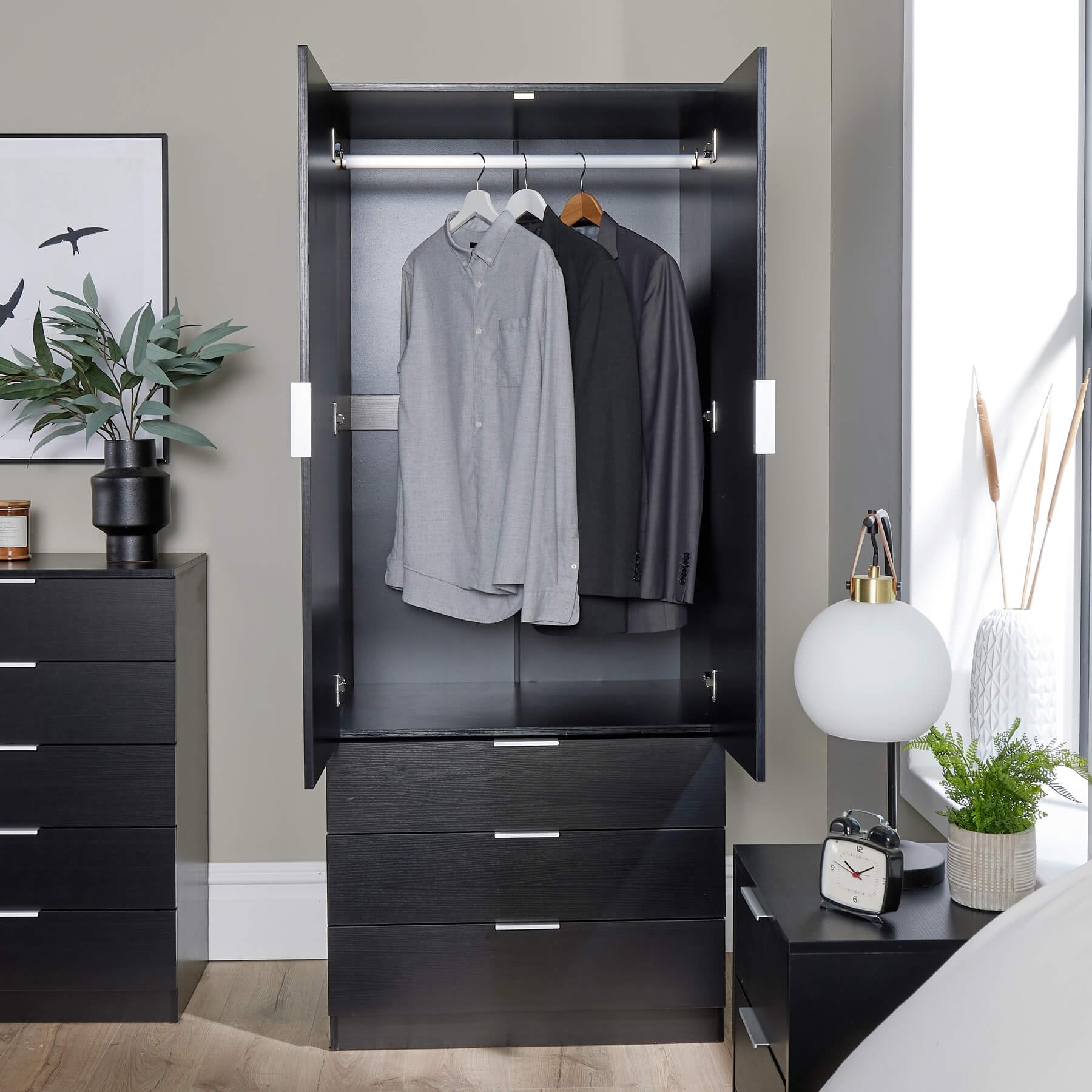 Home Source Phoenix Wardrobe - 2 Doors, 3 Drawers | Black | 181cm H x 75cm W x 50cm D 4